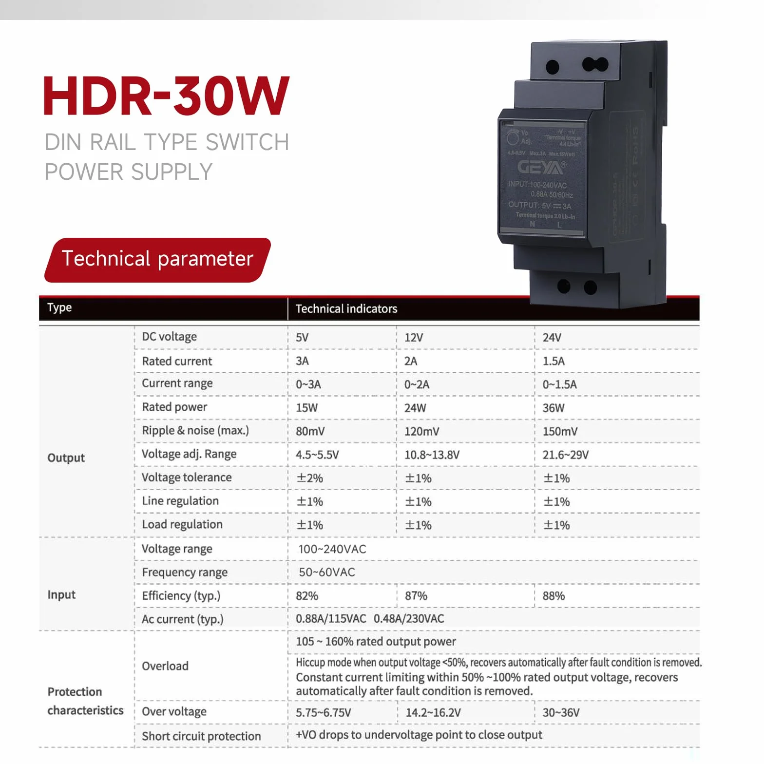 GEYA Transformator jednofazowy zasilacz przełączający do montażu na szynie DIN AC100V-240V do DC12V (GPHDR-30W-12V-2A)