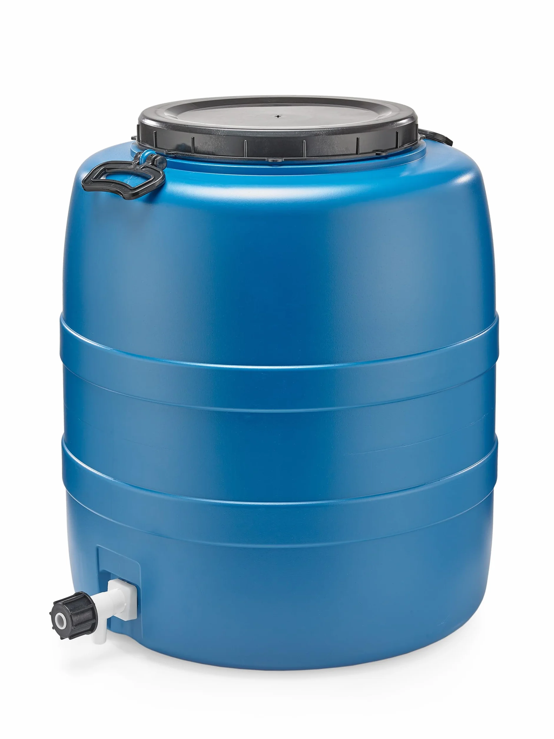 F & R Zbiornik na deszczówkę, 90 l, z uchwytami i kranem odpływowym z pokrywką, HDPE, przeznaczony do kontaktu z żywnością, stabilny pojemnik na wodę, beczka na deszczówkę, zbiornik na wodę do ogrodu