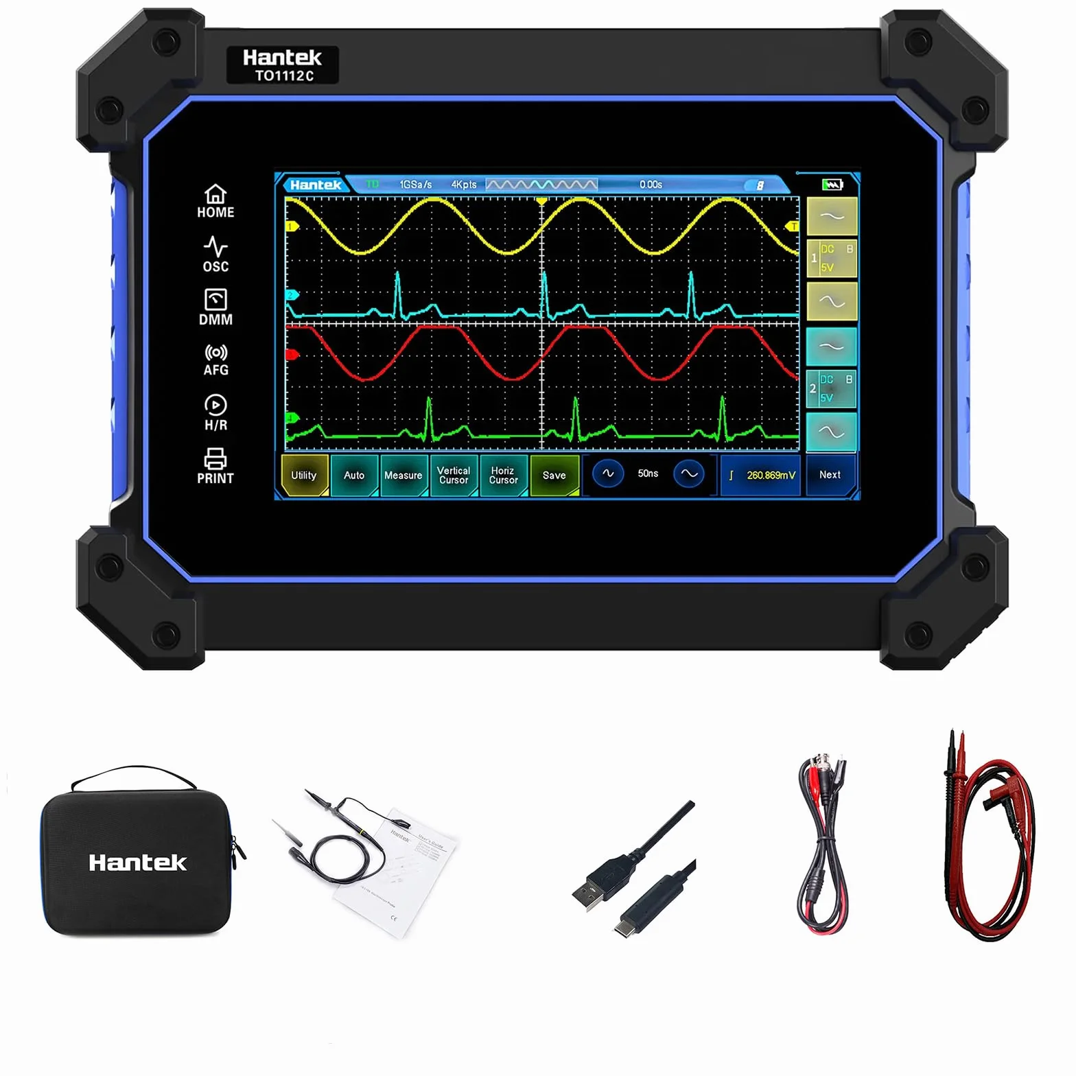 Hantek TO1112C Oscyloskop cyfrowy z ekranem dotykowym, 2 kanały, 110 MHz, cyfrowy oscyloskop + multimetr