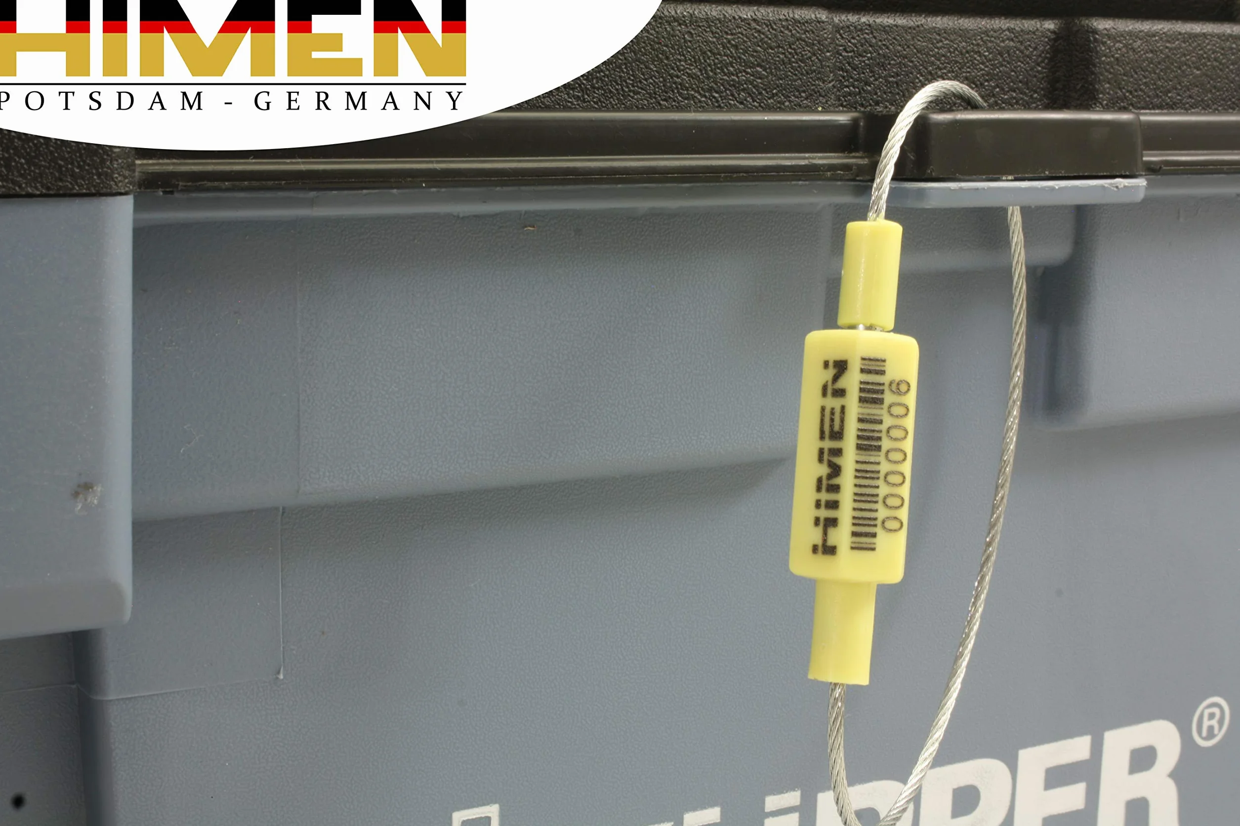 50 plomb zabezpieczających z metalową linką firmy HIMEN | kolejno ponumerowane | z kodem kreskowym | Długość 250mm | PCS-1.8C | zapięcie | żółty