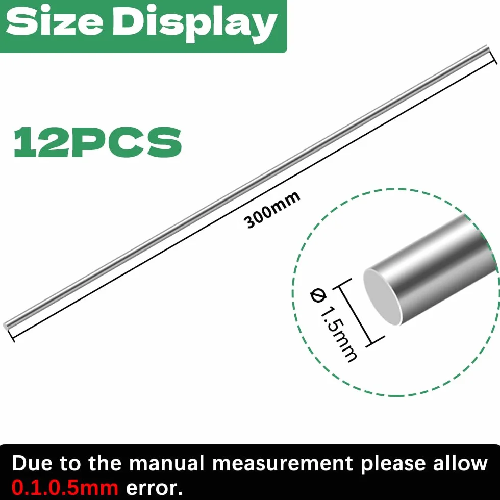 12 sztuk prętów ze stali nierdzewnej, 1,5 x 300 mm pręty okrągłe, stal nierdzewna, pręt okrągły dla majsterkowiczów (Ø: 1,5 mm, długość: 300 mm)