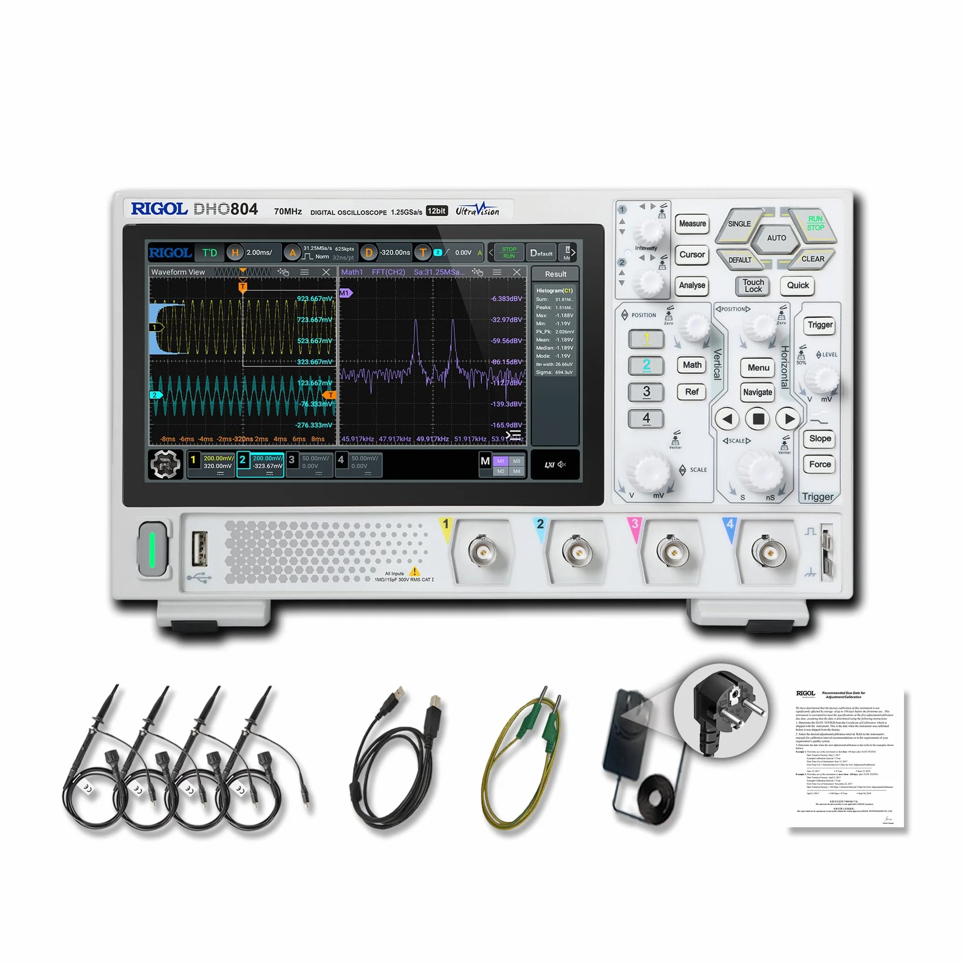 RIGOL Oscyloskop,DHO804 Przenośny Cyfrowy Oscyloskop,pasmo przenoszenia 70 MHz,4 kanały analogowe, Rozdzielczość pionowa 12 bitów,niski poziom szumów,obsługa zasilania przenośnego