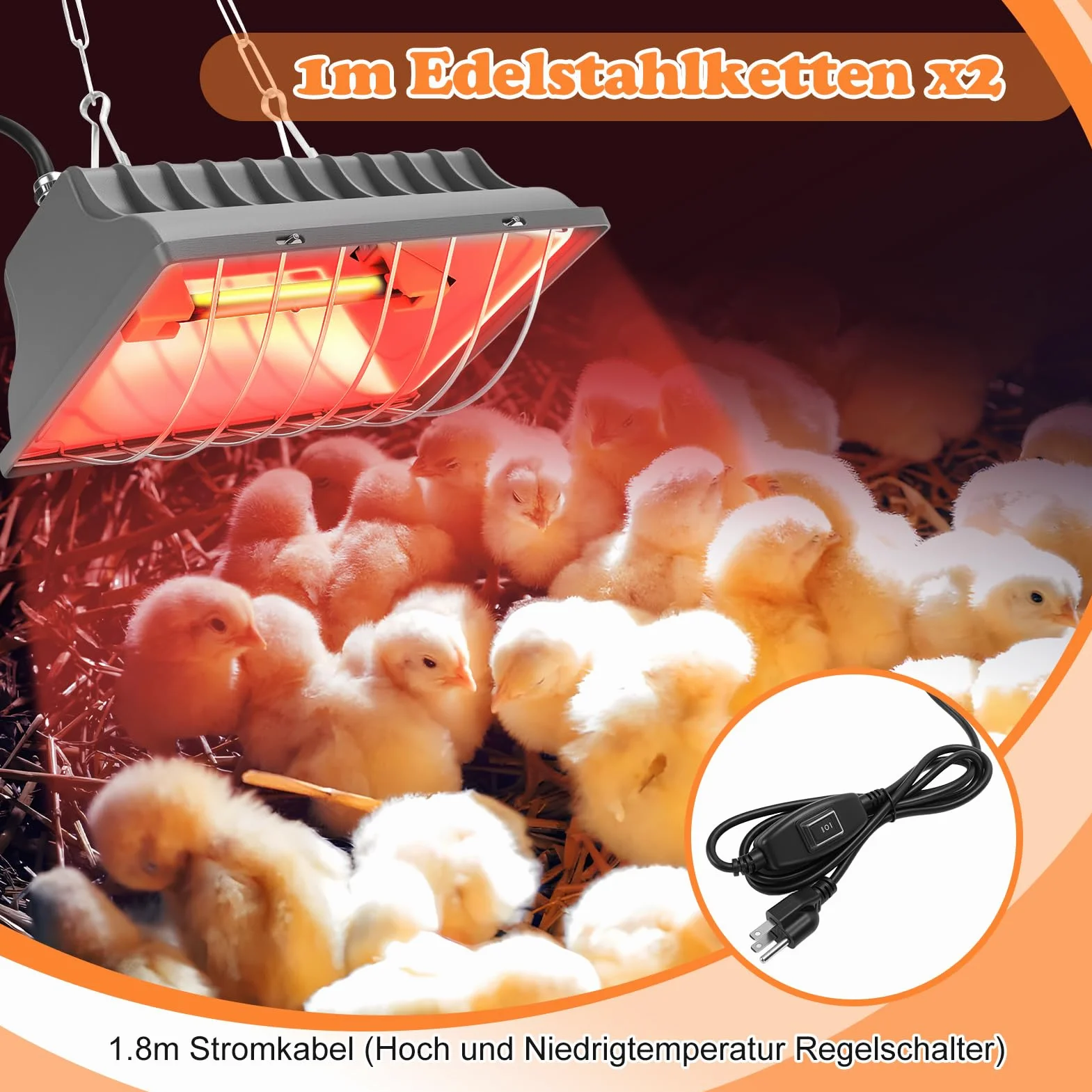 Lampa grzewcza dla kurcząt 2 sztuki 175 W 250 W regulowana temperatura wodoszczelna wisząca z kablem 1,8 m