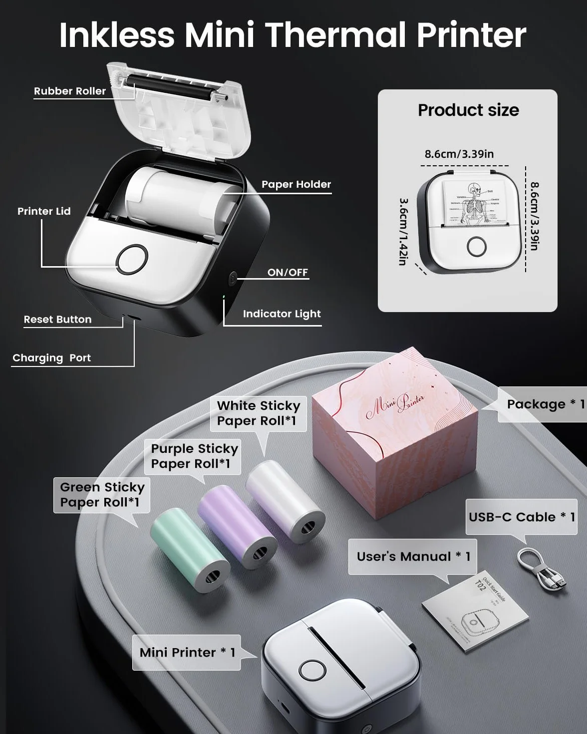 Print Pods Mini Printer T02 Przenośna Drukarka Termiczna Naklejek Bluetooth Kieszonkowa Czarna