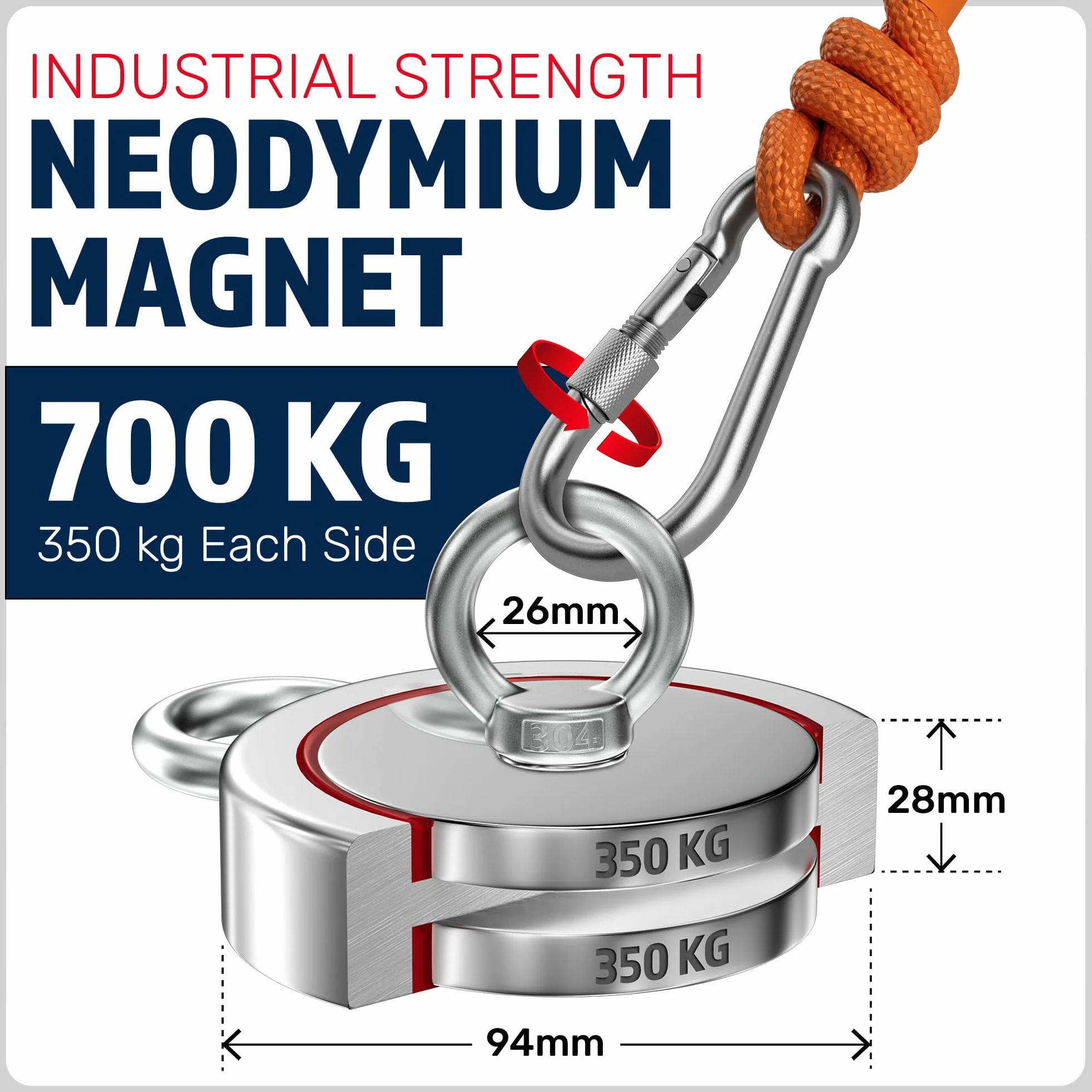 MAGFISHION Dwustronny Zestaw do Magnetycznego Wędkarstwa - Siła Przyciągania 700KG (2x 350kg) - Ø94mm - Magnes Neodymowy - Z Ciemnopomarańczową Liną (20M) & Rękawice - Magnes Ryba