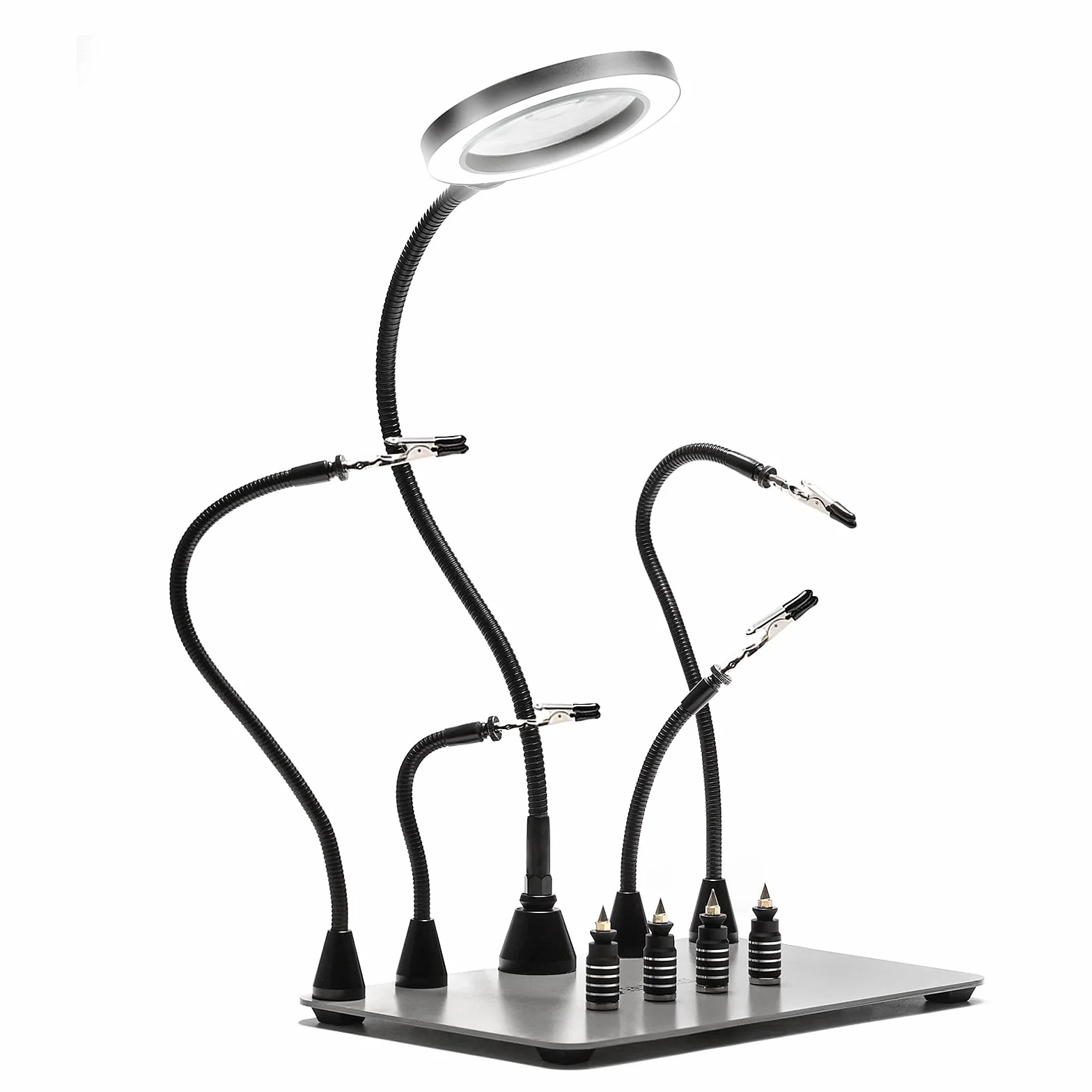 SainSmart Magnetyczna stacja lutownicza z powiększoną podstawą o wymiarach 38 x 18 cm, 5 x lampa powiększająca LED, 4 uchwyty na płytkę drukowaną i 4 elastyczne magnetyczne wskazówki pomocnicze