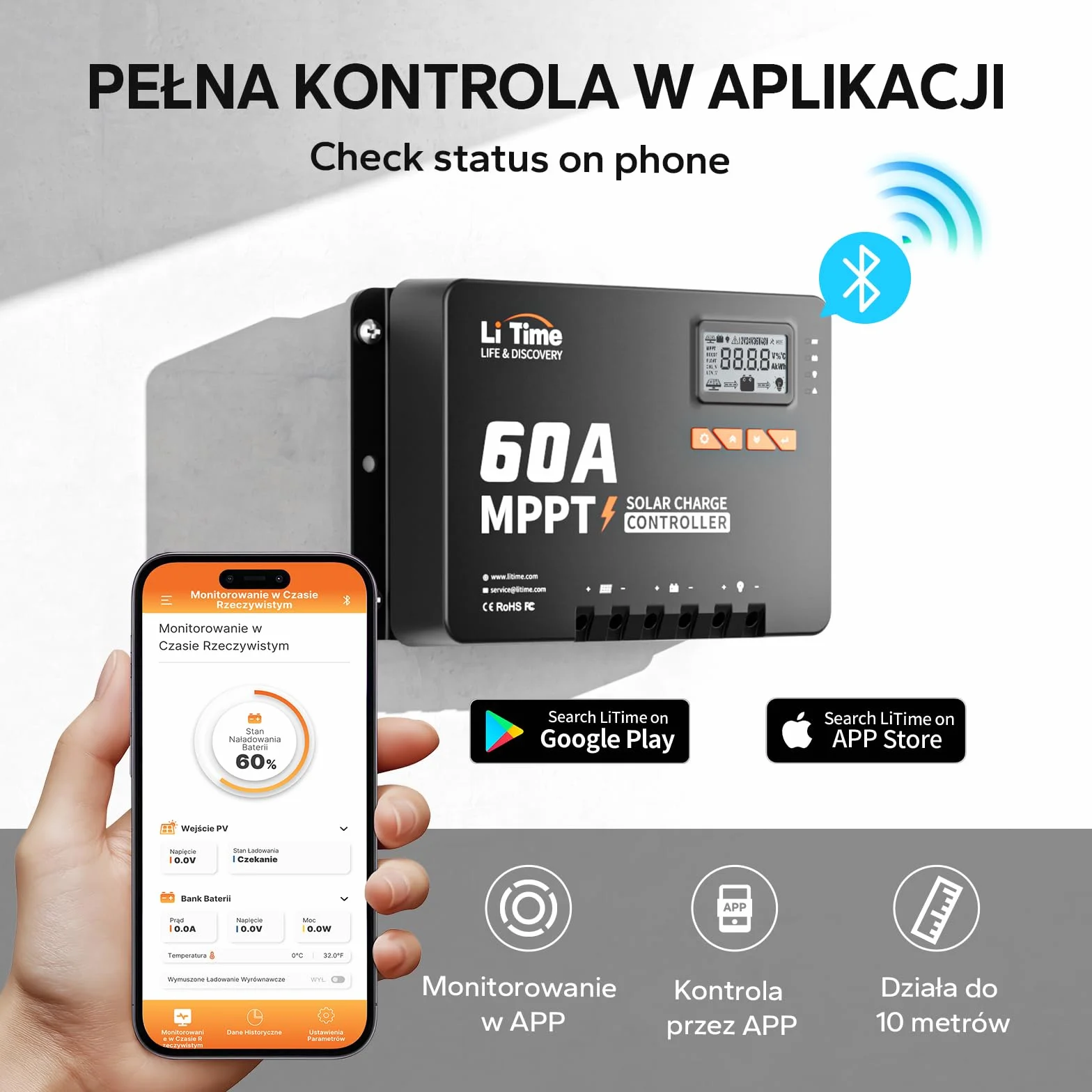 LiTime MPPT solarny regulator ładowania 60 A, 12 V/24 V/36 V/48 V, maks. 3200 W, adapter Bluetooth, regulowany wyświetlacz LCD, wyświetlacz LED do baterii litowej