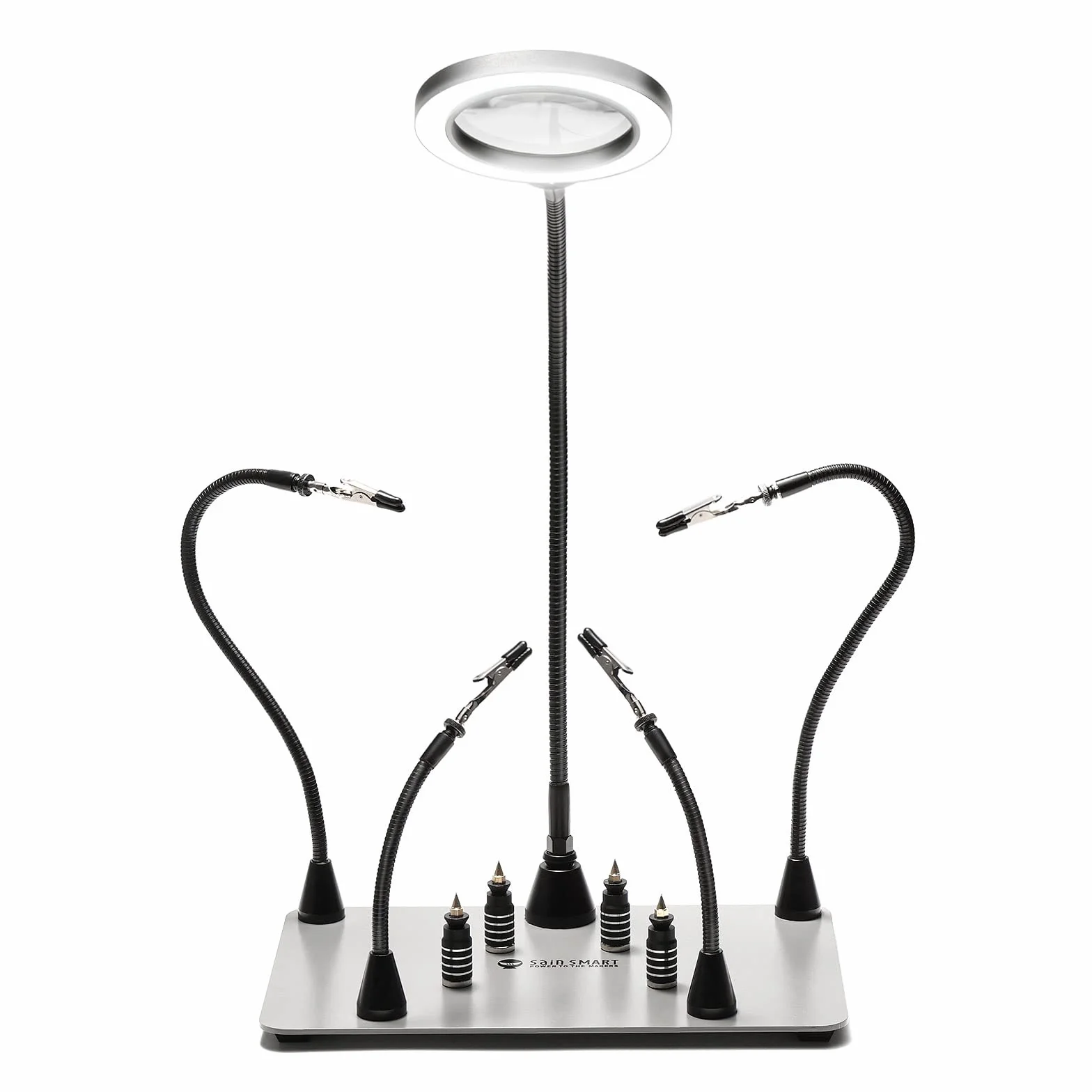 SainSmart Magnetyczna stacja lutownicza z powiększoną podstawą o wymiarach 38 x 18 cm, 5 x lampa powiększająca LED, 4 uchwyty na płytkę drukowaną i 4 elastyczne magnetyczne wskazówki pomocnicze