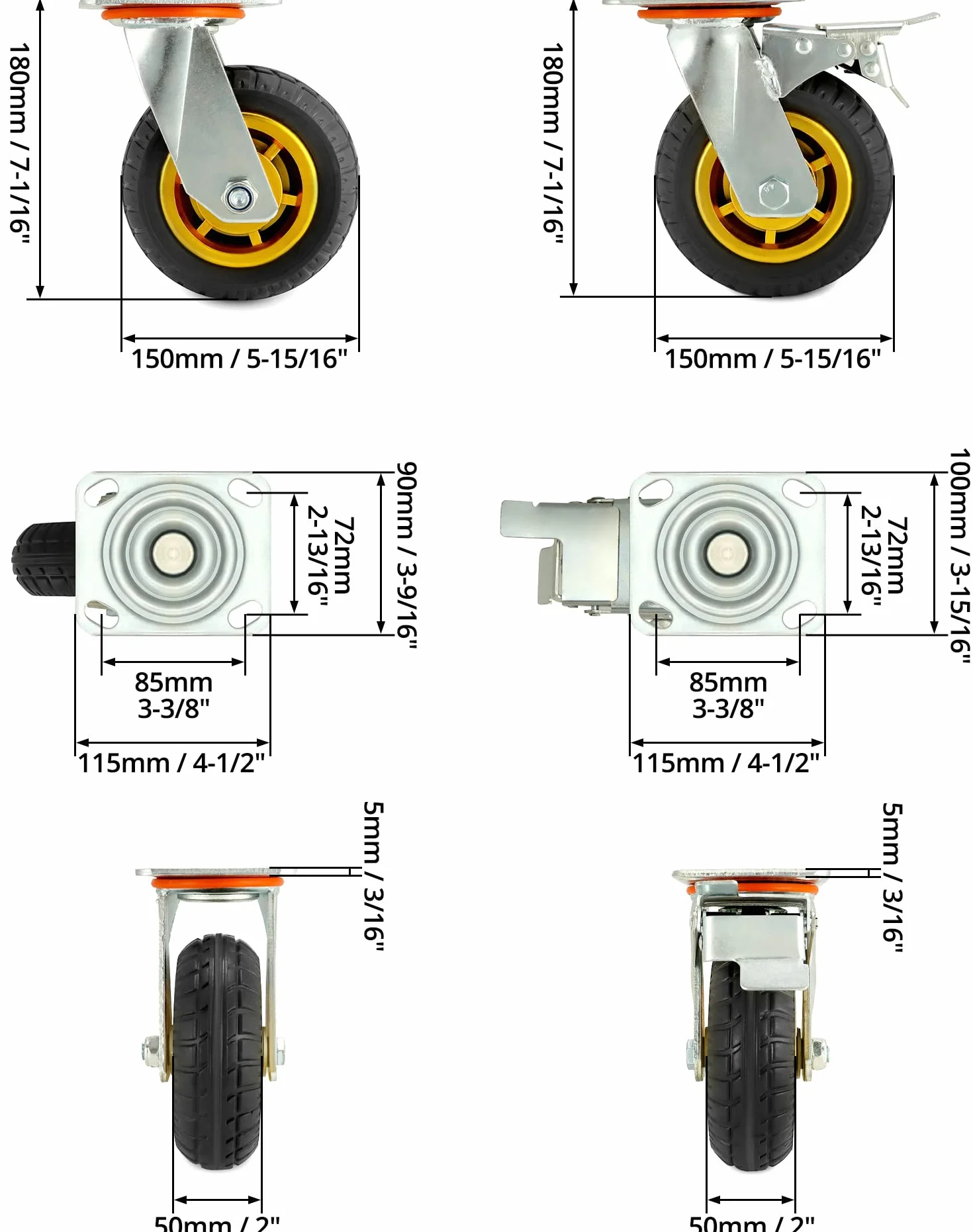 QWORK 4 sztuki kółek do dużych obciążeń 150mm 250 kg kółka skrętne z amortyzacją do transportu mebli i przemysłowego
