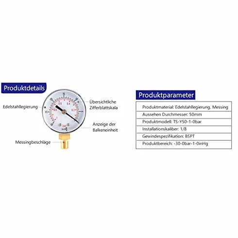 Manometr Próżniowy 1/8 Cala Bspt Z Przyłączem Podłogowym, Czujnik Zegarowy 50 Mm, Manometr 1-0Bar ​​-30-0Inhg Z Podwójną Skalą Do Pomiaru Powietrza, Wody, Oleju I Gazu