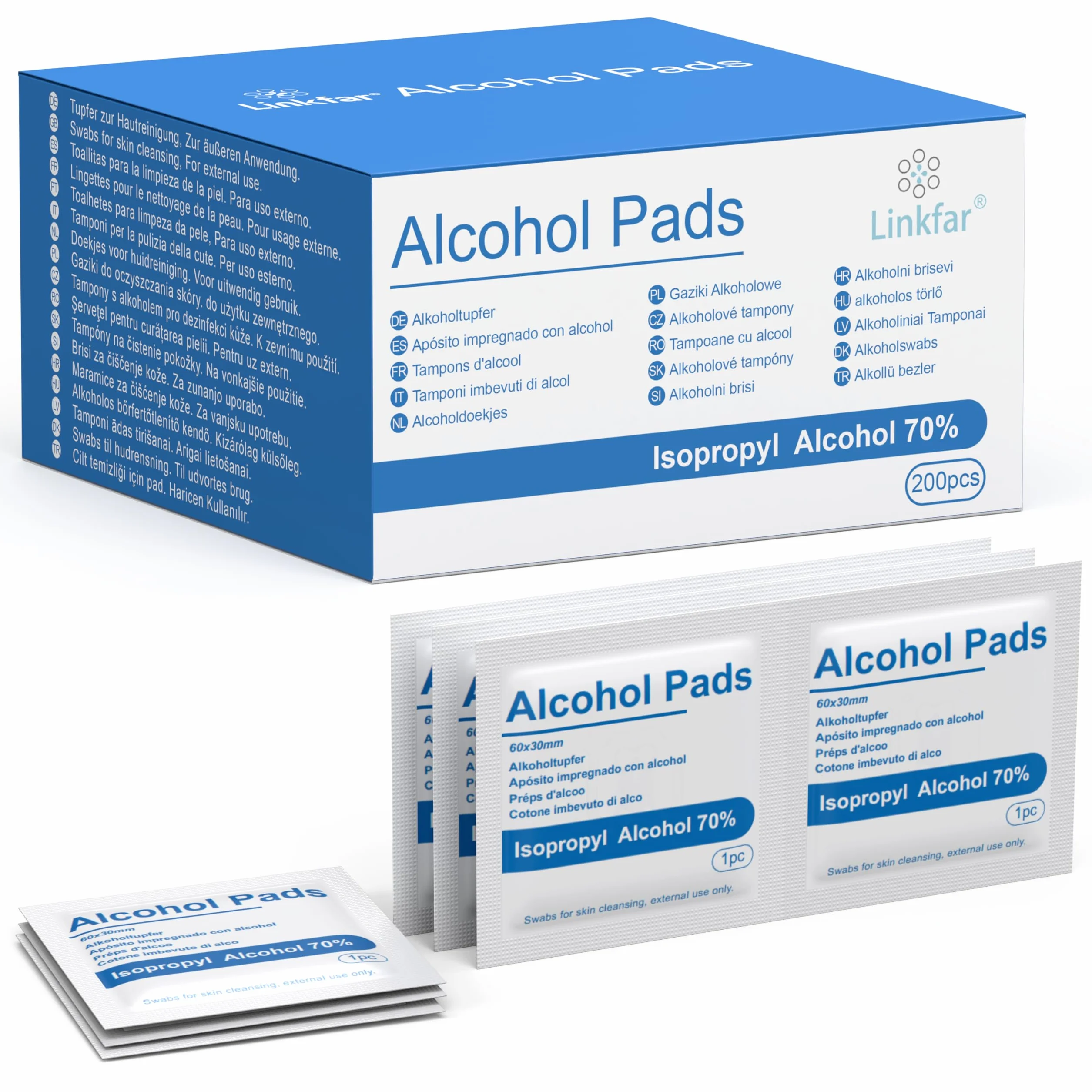 Linkfar Waciki nasączone alkoholem – 70% izopropanolu, chusteczki czyszczące do pielęgnacji skóry, okularów i powierzchni – higienicznie pakowane pojedynczo, 200 sztuk (3 x 6 cm)