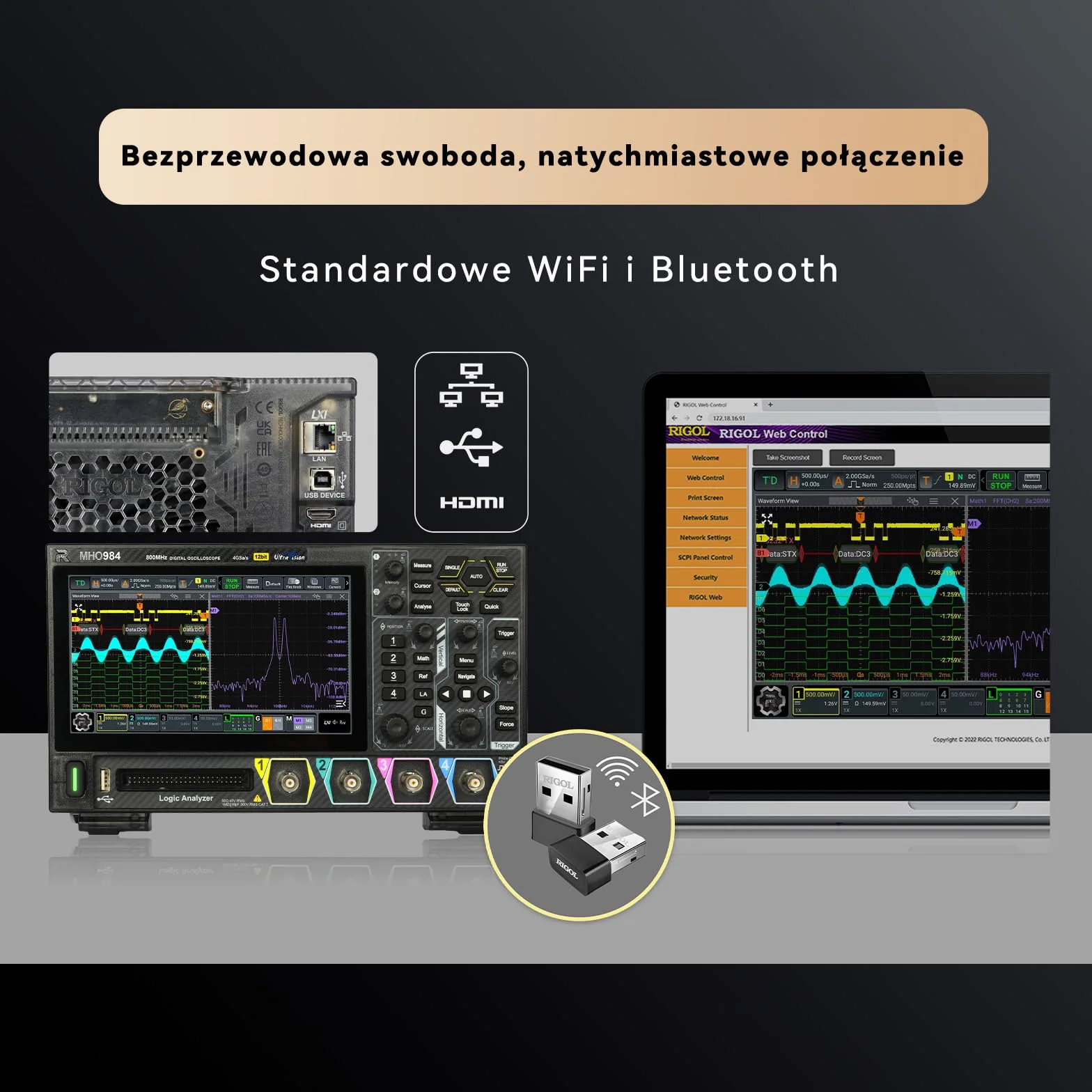 RIGOL MHO98 Oscyloskop Cyfrowy 1GHz 4GSa/s 12-bit 4+16 Kan. AFG Wi-Fi Bluetooth Type-C