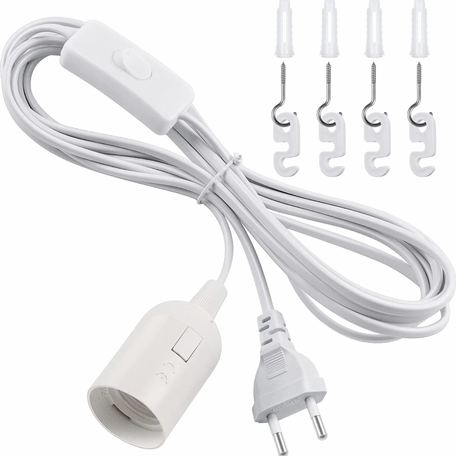 DiCUNO Oprawa lampa E27 z przełącznikiem, gwint E27, kabel 4 m, wtyczka EU, biała, 1 sztuka