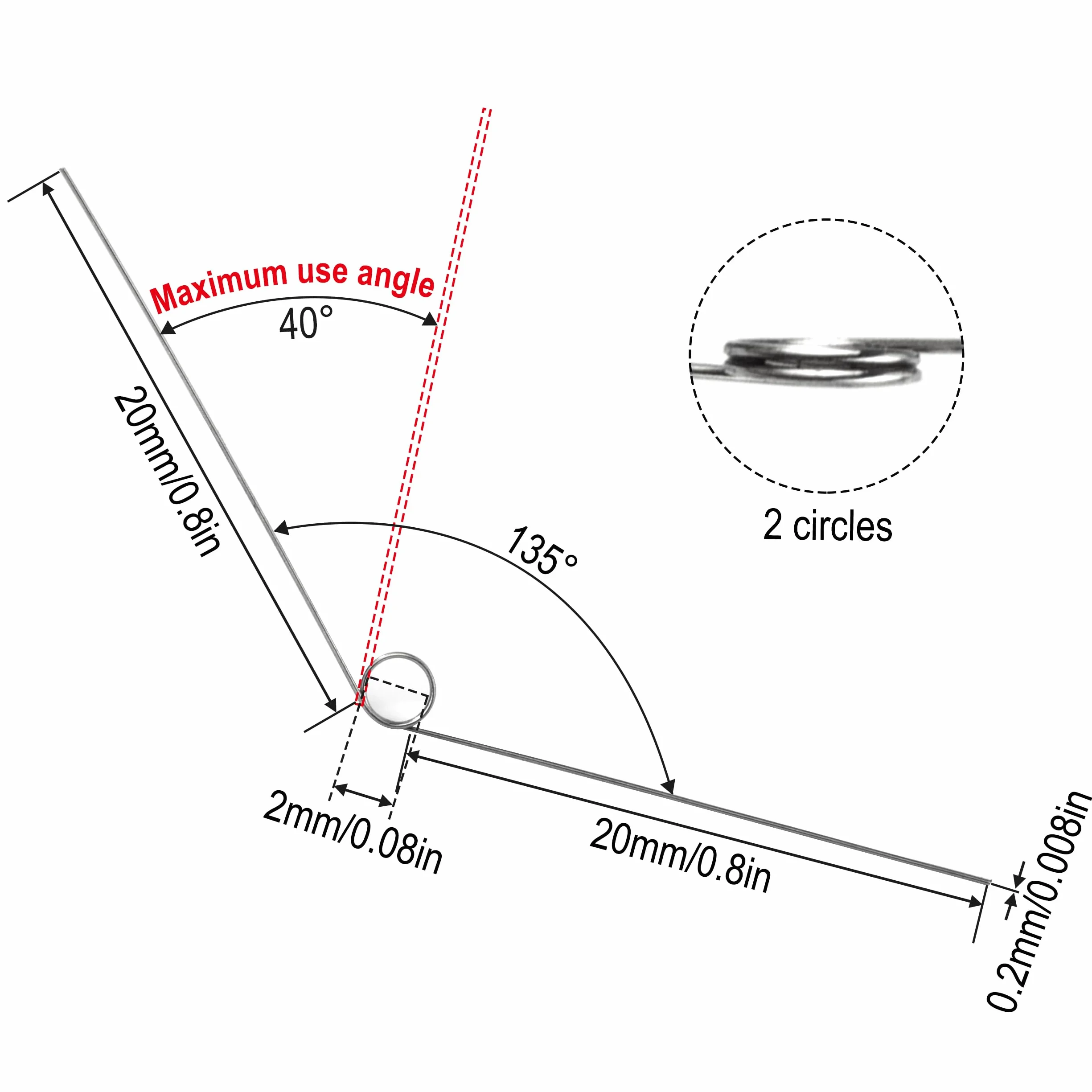 Sprężyny skrętne ze stali nierdzewnej 0,2 x 2 x 20 mm kąt 135° lewy