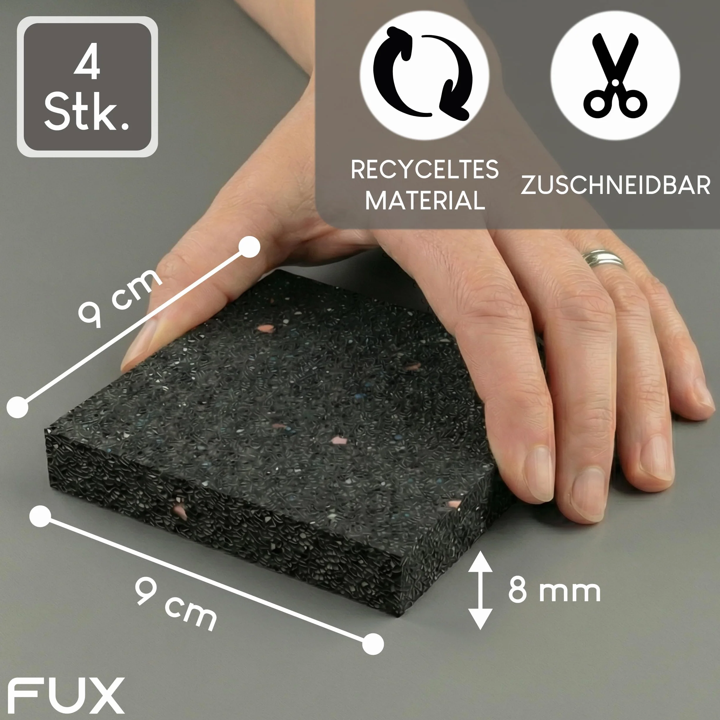 Amortyzator drgań, podkładka pod pralkę, 4 sztuki, mata antywibracyjna, do suszarki – 90 x 90 x 8 mm, granulat gumowy z recyklingu Made in Germany