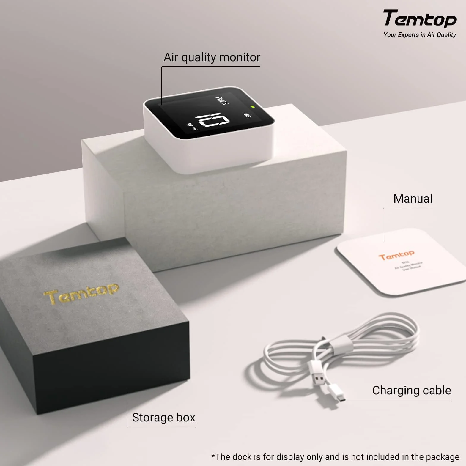 Temtop M10 Monitor Jakości Powietrza do PM2.5/HCHO/TVOC/AQI, przenośny inteligentny monitor, akumulator