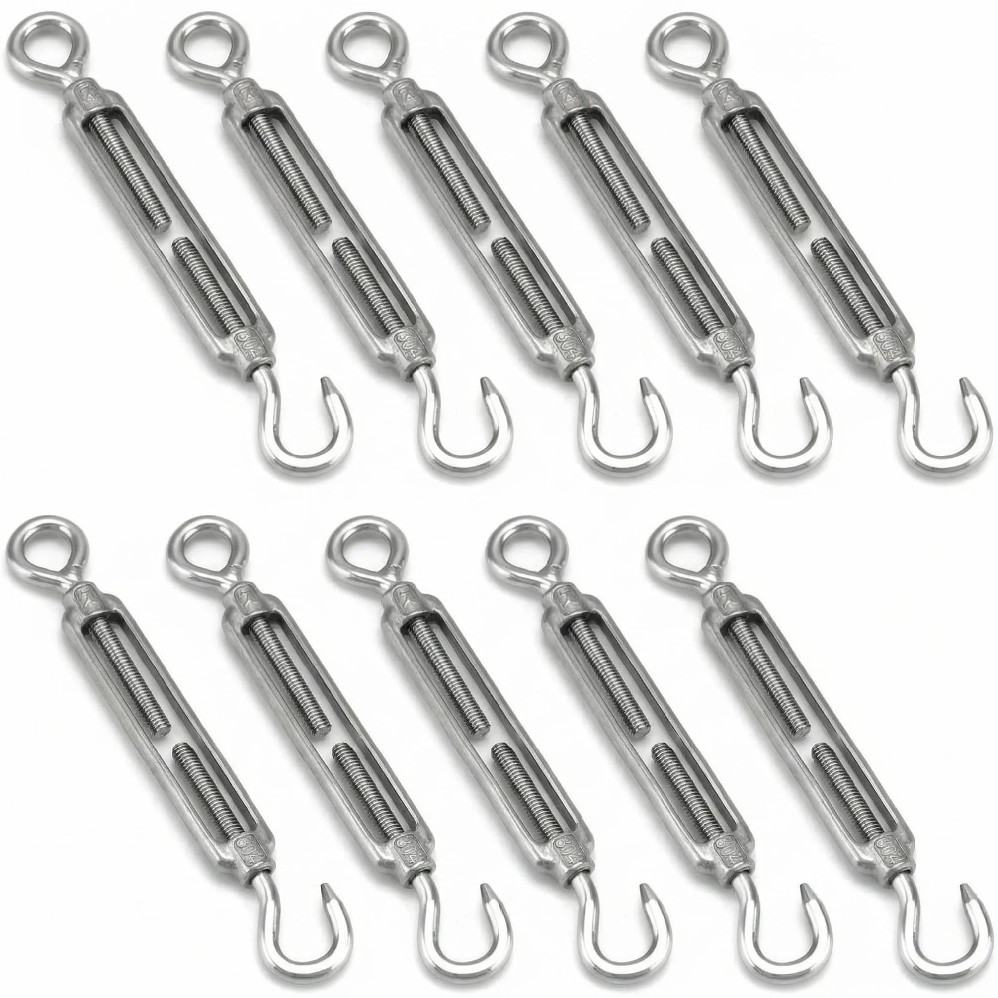 QWORK® 10 szt. Śruba rzymska M6 304 Stal nierdzewna, Regulowany hak i napinacz drutu oczkowego, Hak napinający