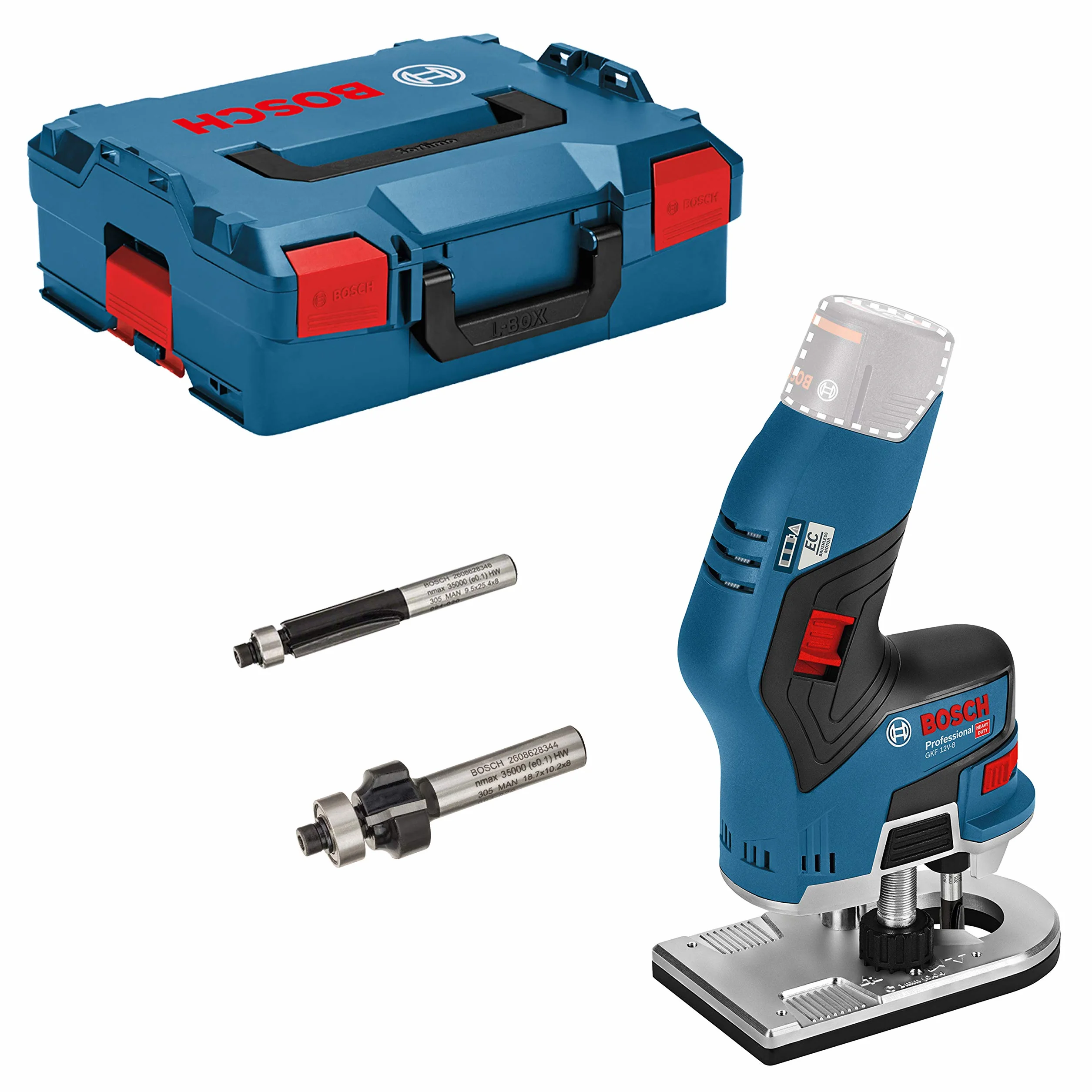 Bosch Professional system 12V: akumulatorowa frezarka krawędziowa GKF 12V-8 (tuleja zaciskowa, klucz płaski, frez do zaokrągleń, frez do krawędzi, walizka L-BOXX)
