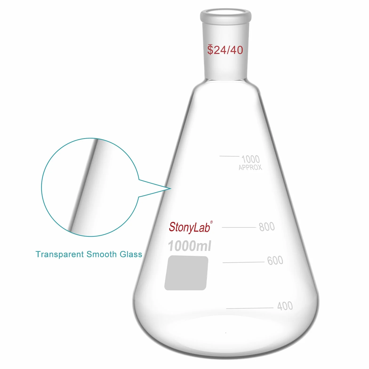 Matraz Erlenmeyer de Cristal 24/40 1L, Frasco de Laboratorio de Vidrio de Borosilicato con Junta Cónica