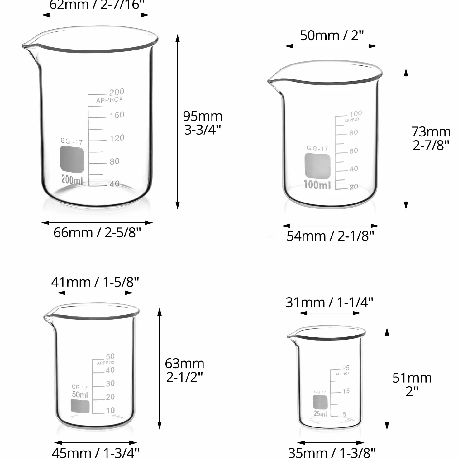 QWORK Becher zestaw 4 miarek 25-200 ml szkło borokrzemowe 3.3 laboratorium