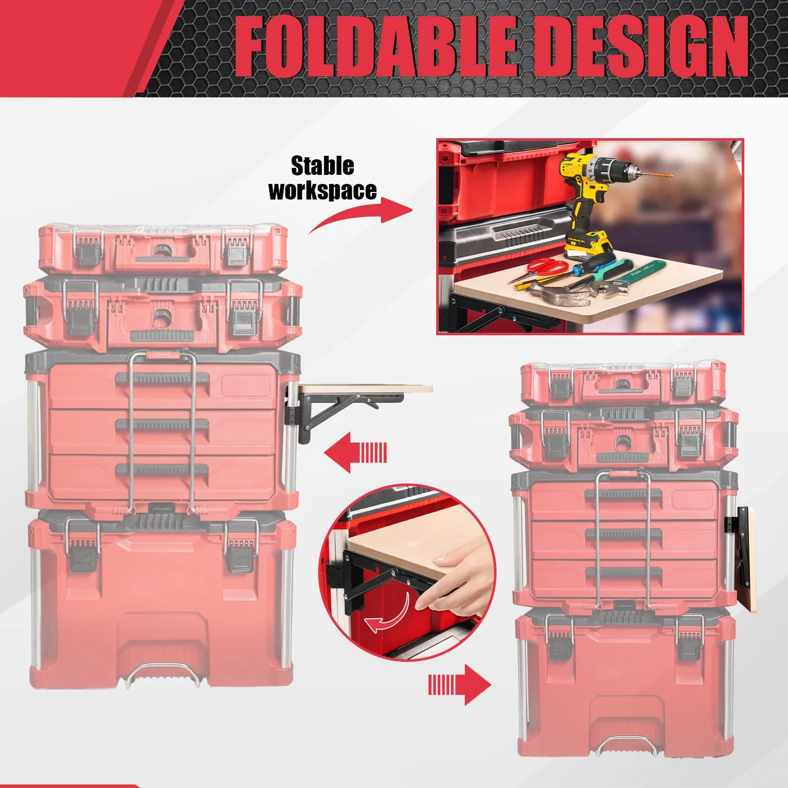 Stabilny składany stół roboczy kompatybilny z Milwaukee Packout, półka boczna