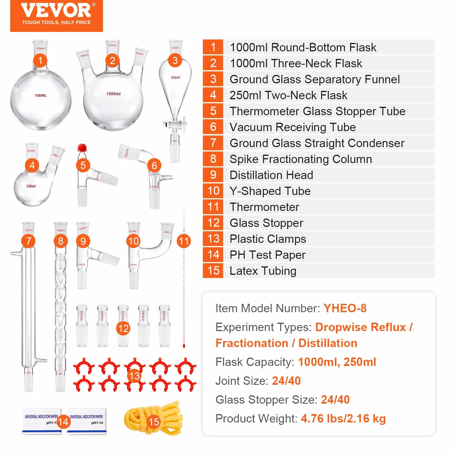 VEVOR Zestaw do destylacji laboratoryjnej, szkło boro, 24/40 połączenia, 1000 ml, 29-częściowy