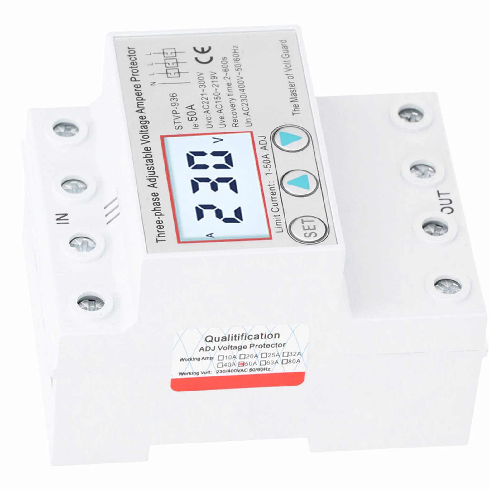 STVP936 Regulowane Zabezpieczenie Napięciowe, Wielofunkcyjny Wyświetlacz LCD, 3-fazowe Samoresetowanie, Przepięcie, Zabezpieczenie Podnapięciowe, Zabezpieczenie Nadprądowe, (50A)