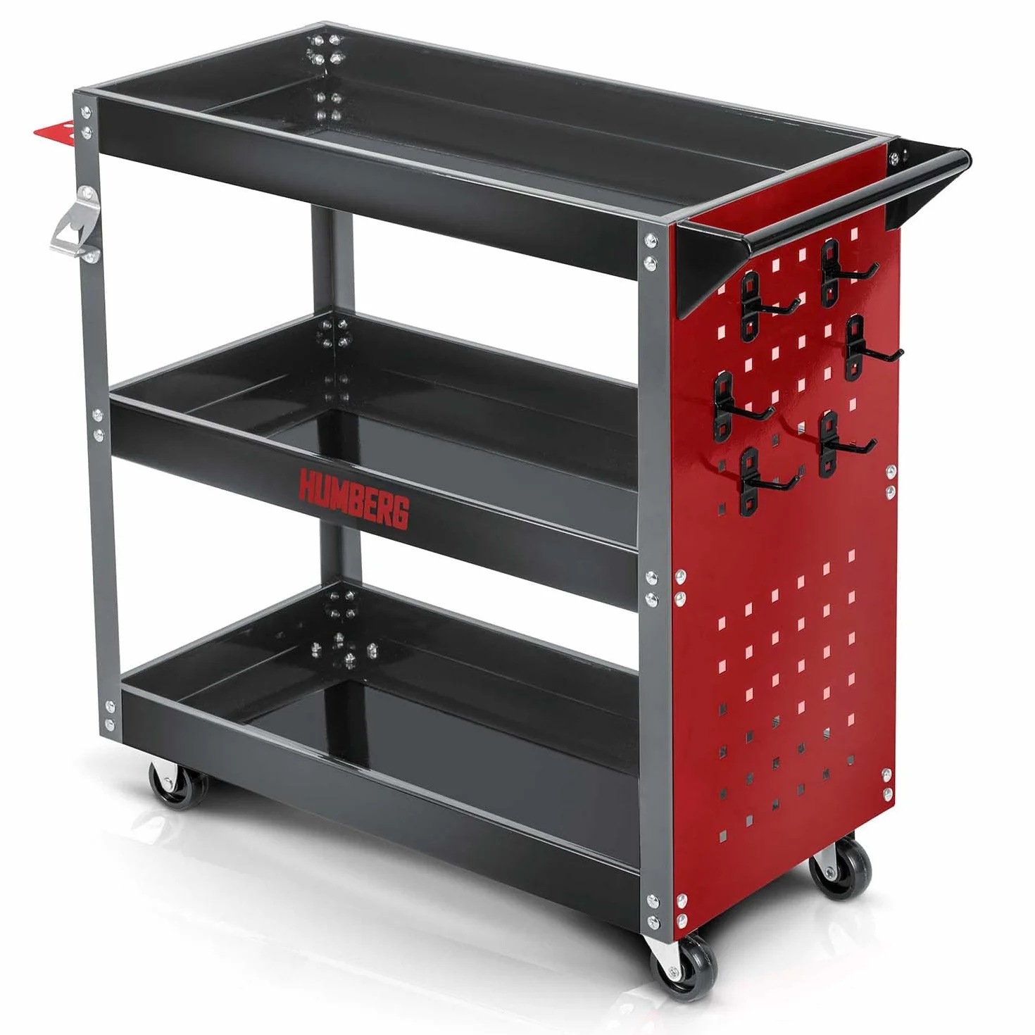Humberg Wózek Warsztatowy do Garażu - 3-Poziomowy z 6 Haczykami - Udźwig do 300 kg - Stal i Aluminium 80 x 35 x 73 cm