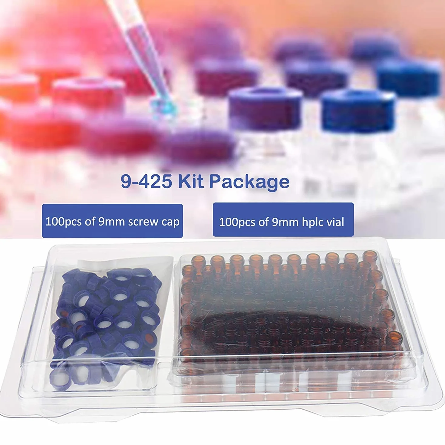 ALWSCI 2 ml HPLC szklane buteleczki 9-425 przezroczyste z niebieską zakrętką PTFE silikon Septa 100 sztuk