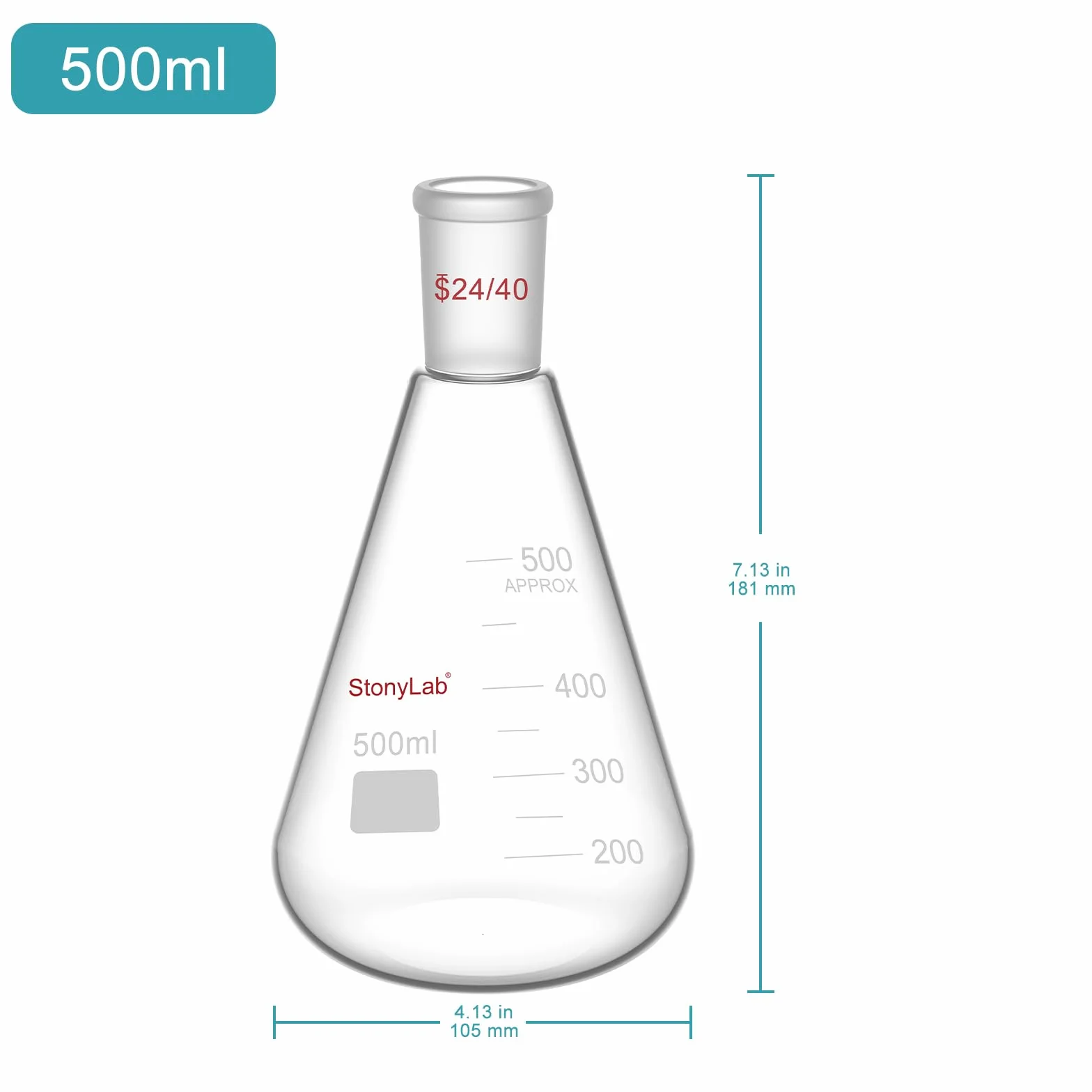 Erlenmeyer Flask 24/40 500ml Vidrio de Borosilicato Pared Gruesa con Junta Cónica