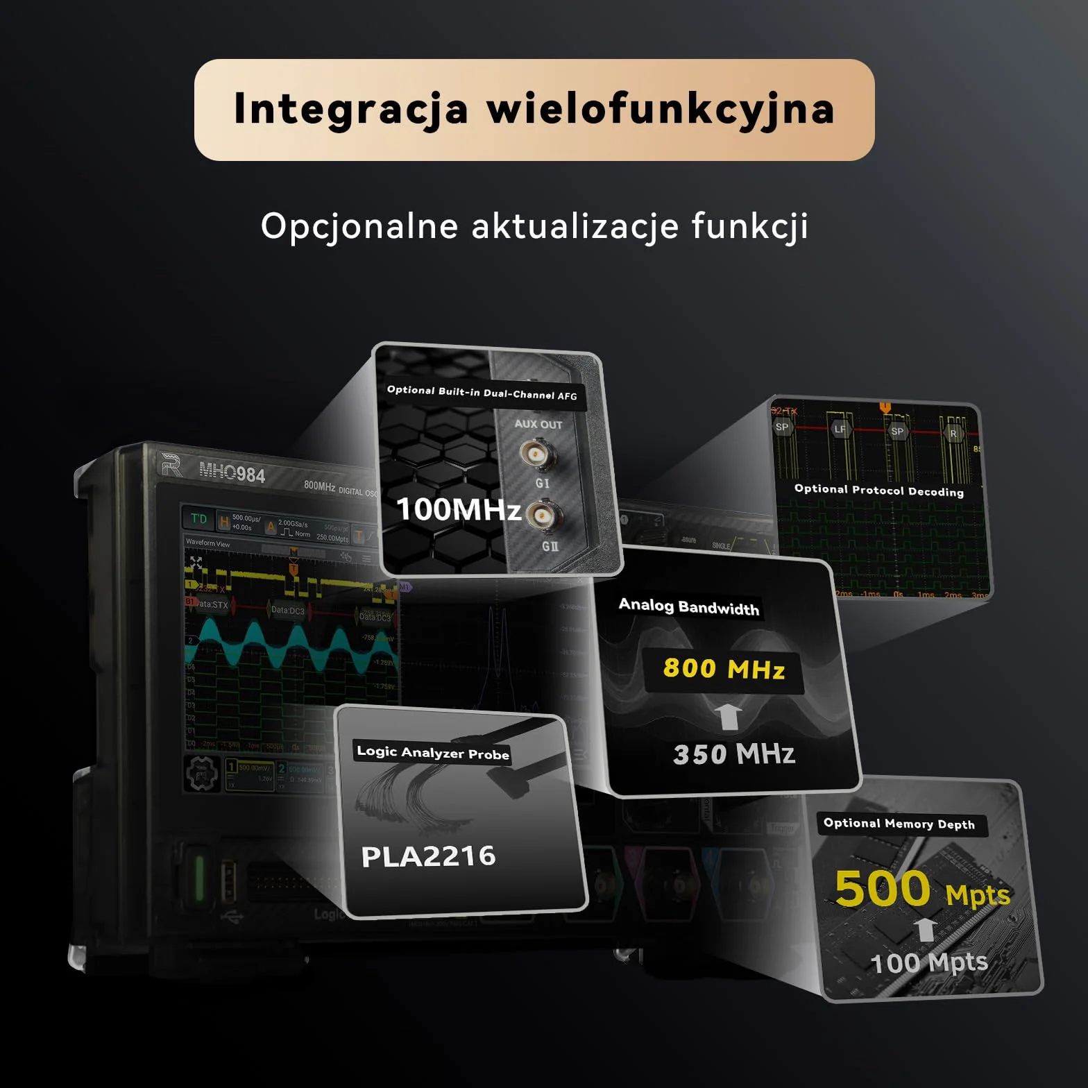 RIGOL MHO984 Oscyloskop Cyfrowy, 800MHz, 4GSa/s, 12-bit, 4+16 Kan, Wi-Fi & Bluetooth, Zasilanie Type-C, Opcjonalny AFG, bez dodatkowych kosztów, Ultra-przenośny