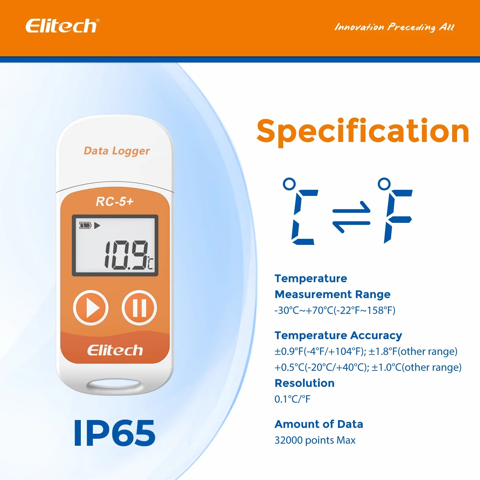 Elitech Rejestrator temperatury RC-5 +, rejestrator temperatury USB z automatycznym raportem PDF i CSV, wyświetlacz LCD rejestrator temperatury 32000 punktów do łańcucha chłodniczego