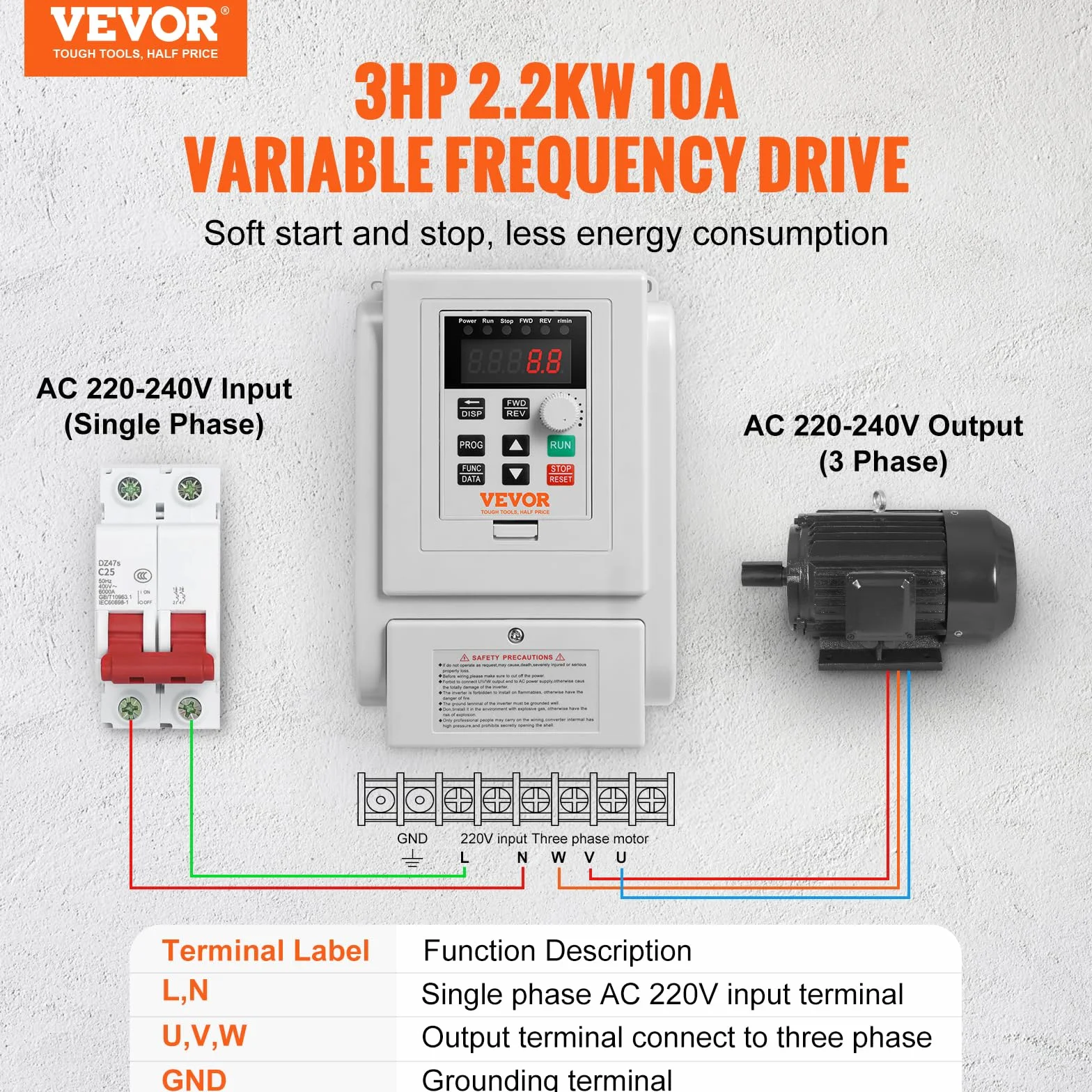 VEVOR 2,2 kW 10 A VFD przetwornica częstotliwości AC 220–240 V regulator prędkości