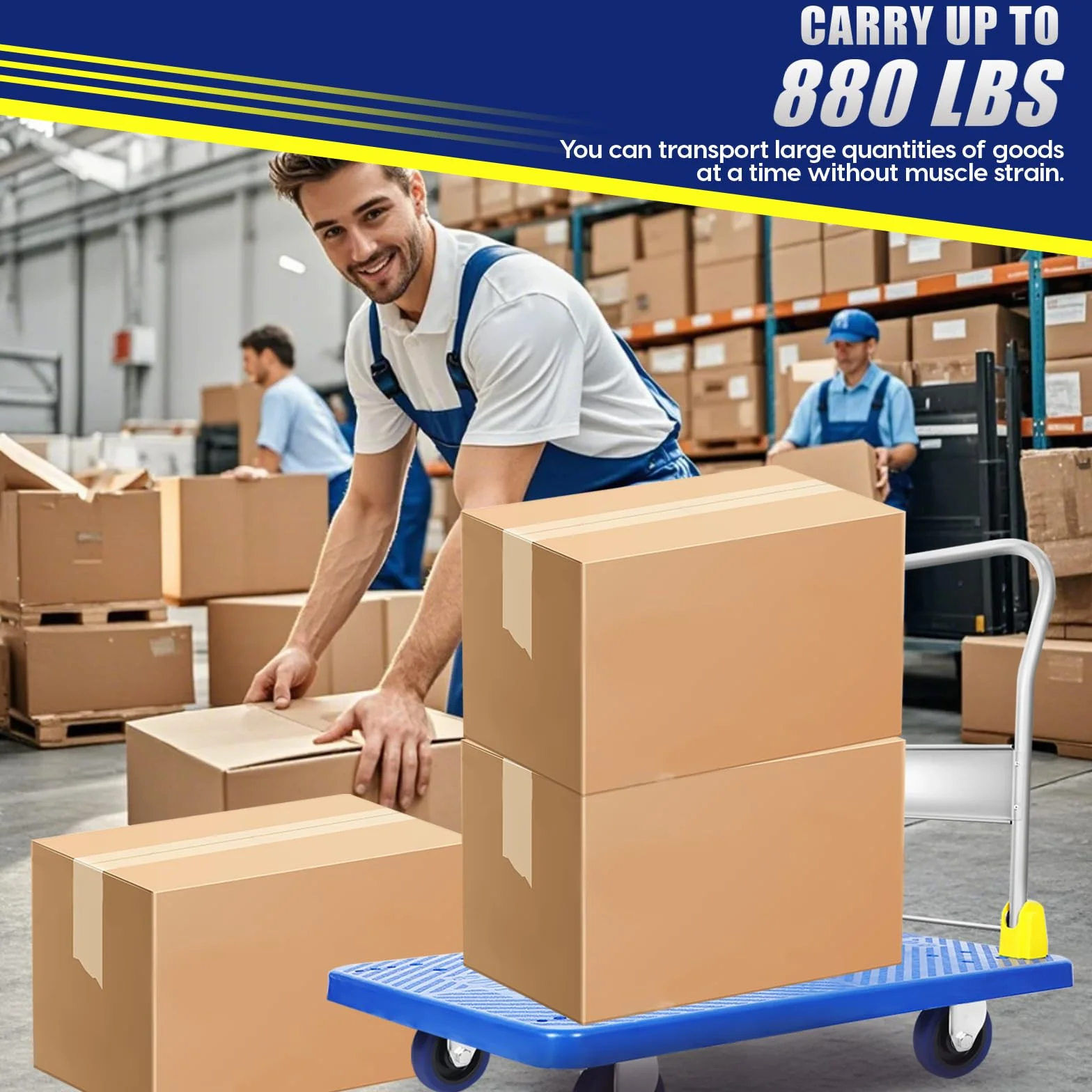 Healsmart Platform Truck with 880lb Weight Capacity and 360 Degree Swivel Wheels, Foldable Push Hand Cart for Loading and Storage, Blue