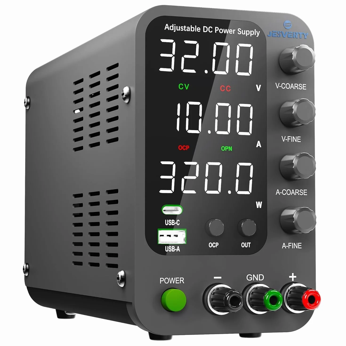 Zmienny zasilacz DC, 0-32V 0-10A Regulowany przełączany zasilacz stołowy z regulacją DC z szybkim ładowaniem USB i typem C, pokrętło enkodera, włącznik/wyłącznik wyjścia, 4-cyfrowy wyświetlacz LED