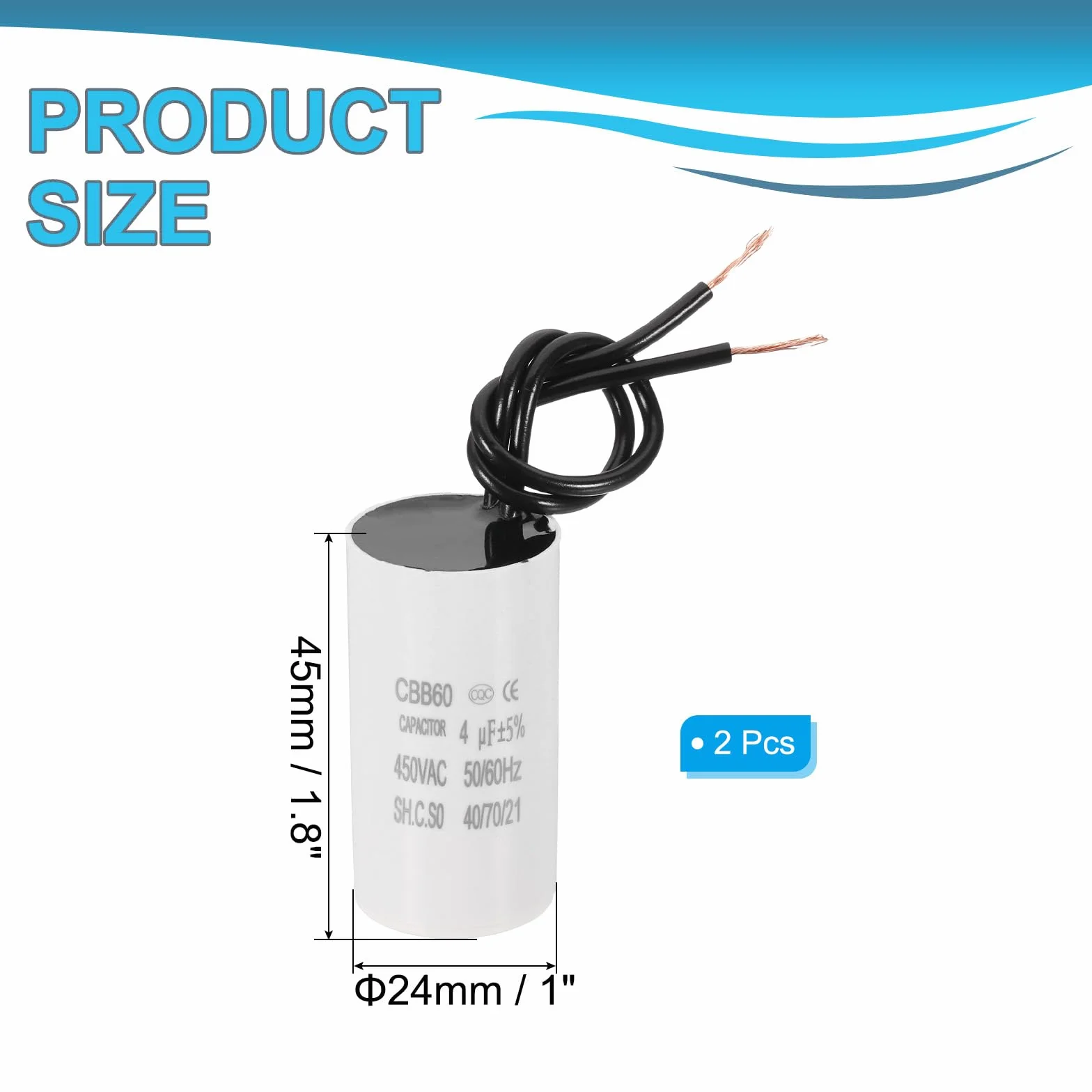 PATIKIL Kondensator rozruchowy 4uF CBB60, 2 sztuki kondensatora z 2 przewodami, silnik rozruchowy AC 450 V o częstotliwości 50 Hz/60 Hz, odpowiedni biały