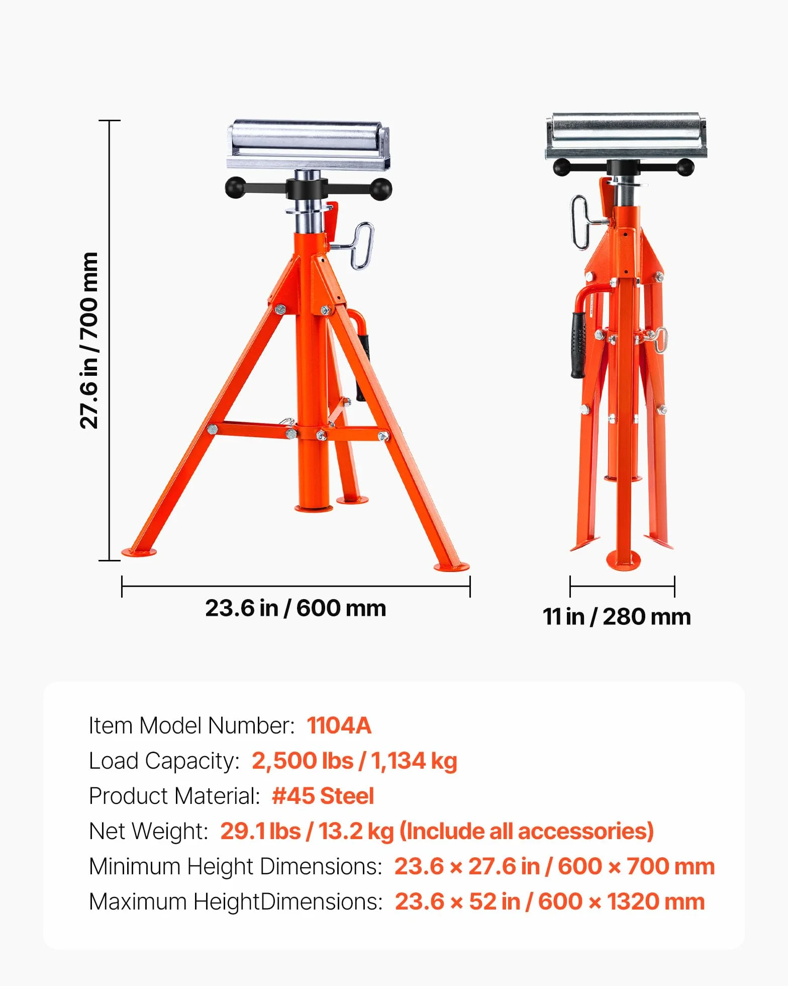 VEVOR Stojak na rolki, nośność 1134 kg, stal #45, regulacja wysokości 700-1320 mm, składany kozioł warsztatowy