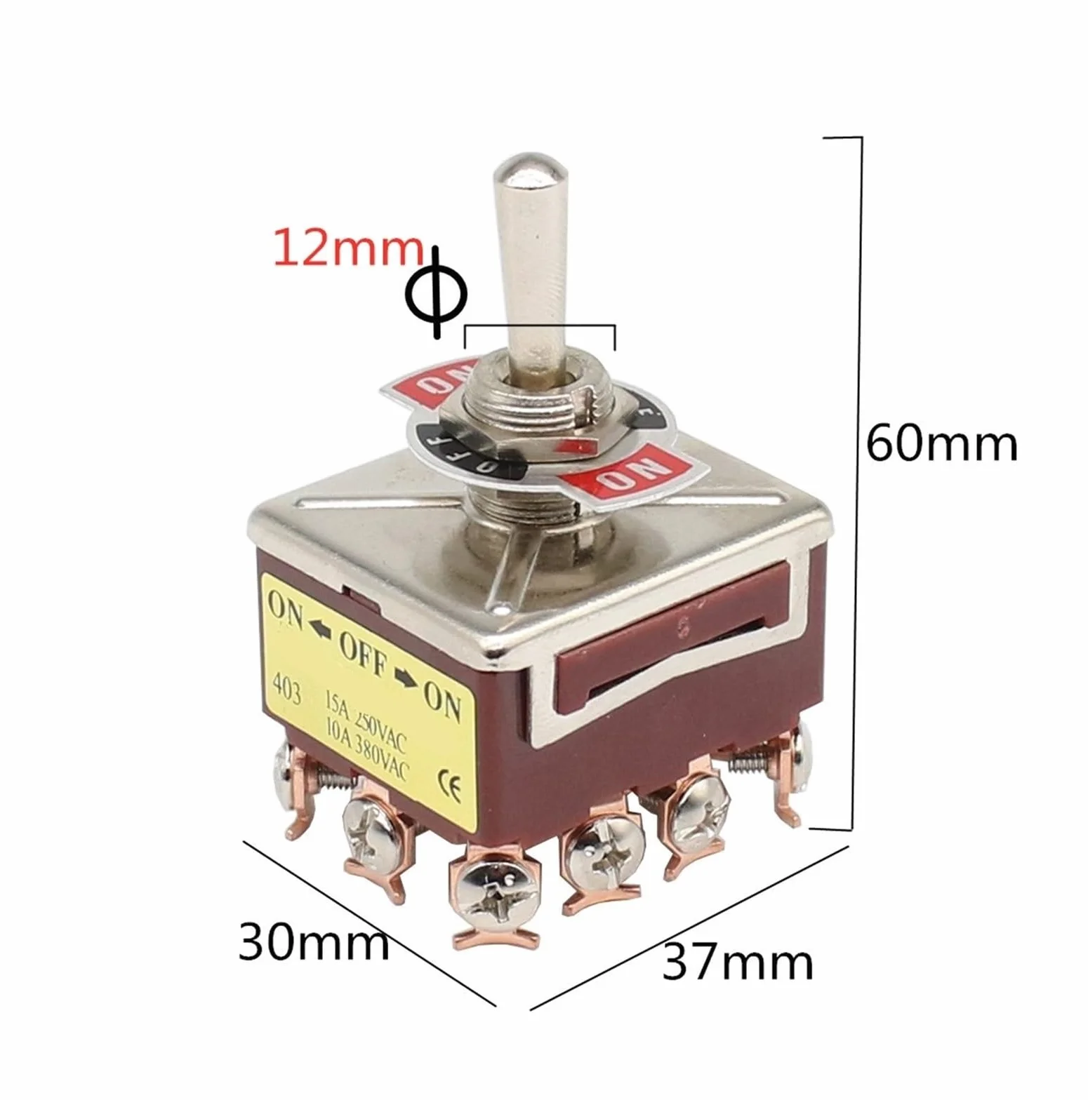 E-TEN 403 przełącznik przyciskowy kołyskowy 12-pinowy ON-OFF-ON srebrny styk miedziany 12mm 250V 15A