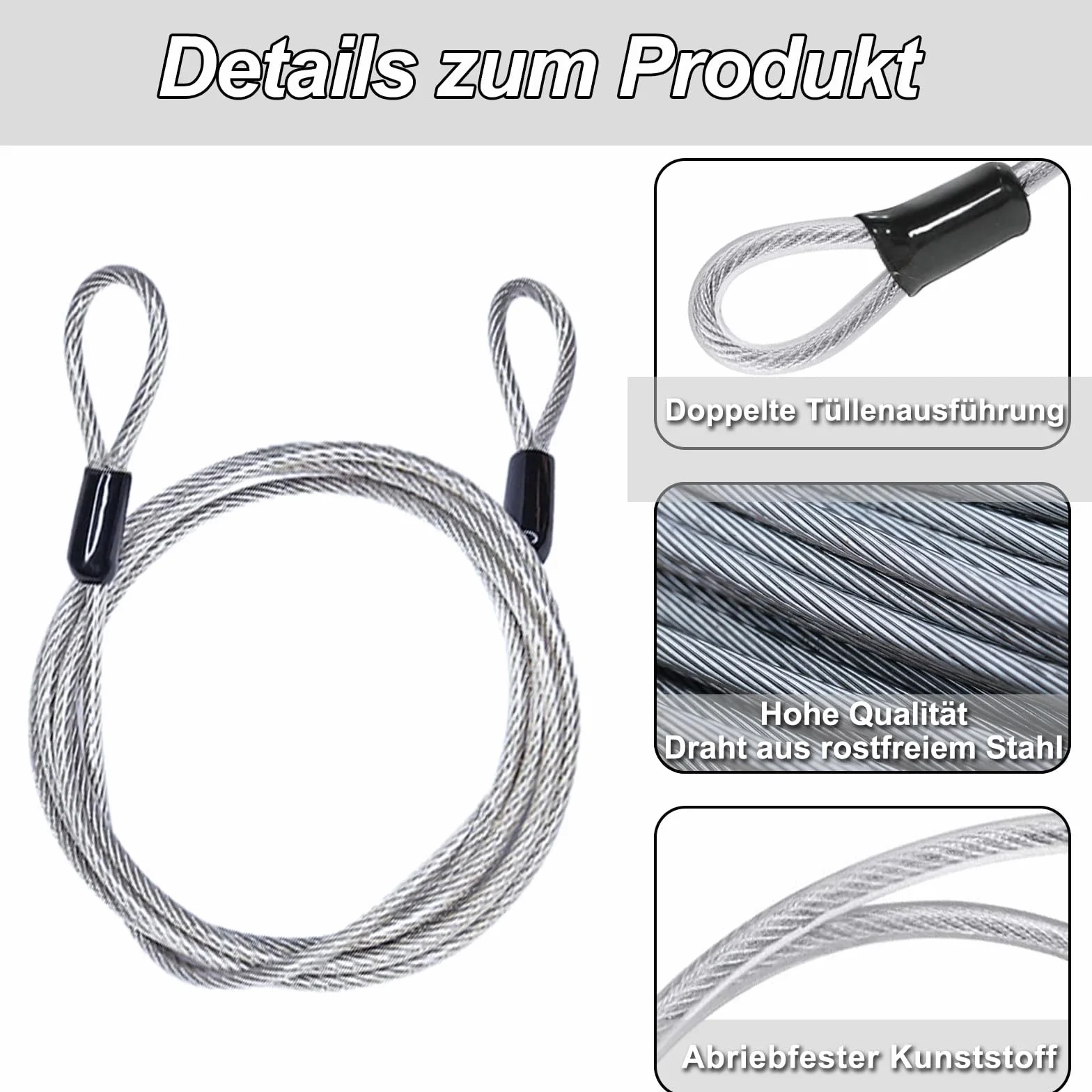 Kabel ze szlufkami, linka stalowa z oczkami, długość 2 m, grubość 4 mm, z osłoną z tworzywa sztucznego, do rowerów, zapięcia kablowe (2 sztuki srebrne)