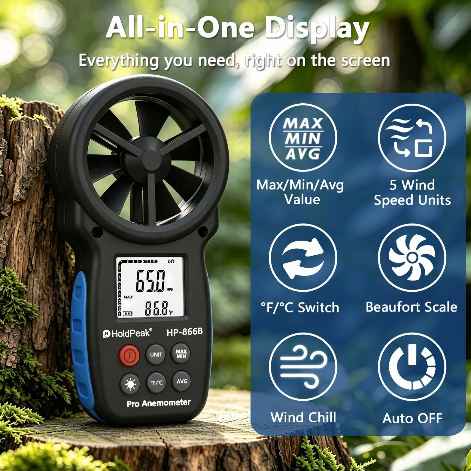 HoldPeak HP-866B anemometr ręczny cyfrowy miernik prędkości wiatru z podświetleniem CFM temperatura