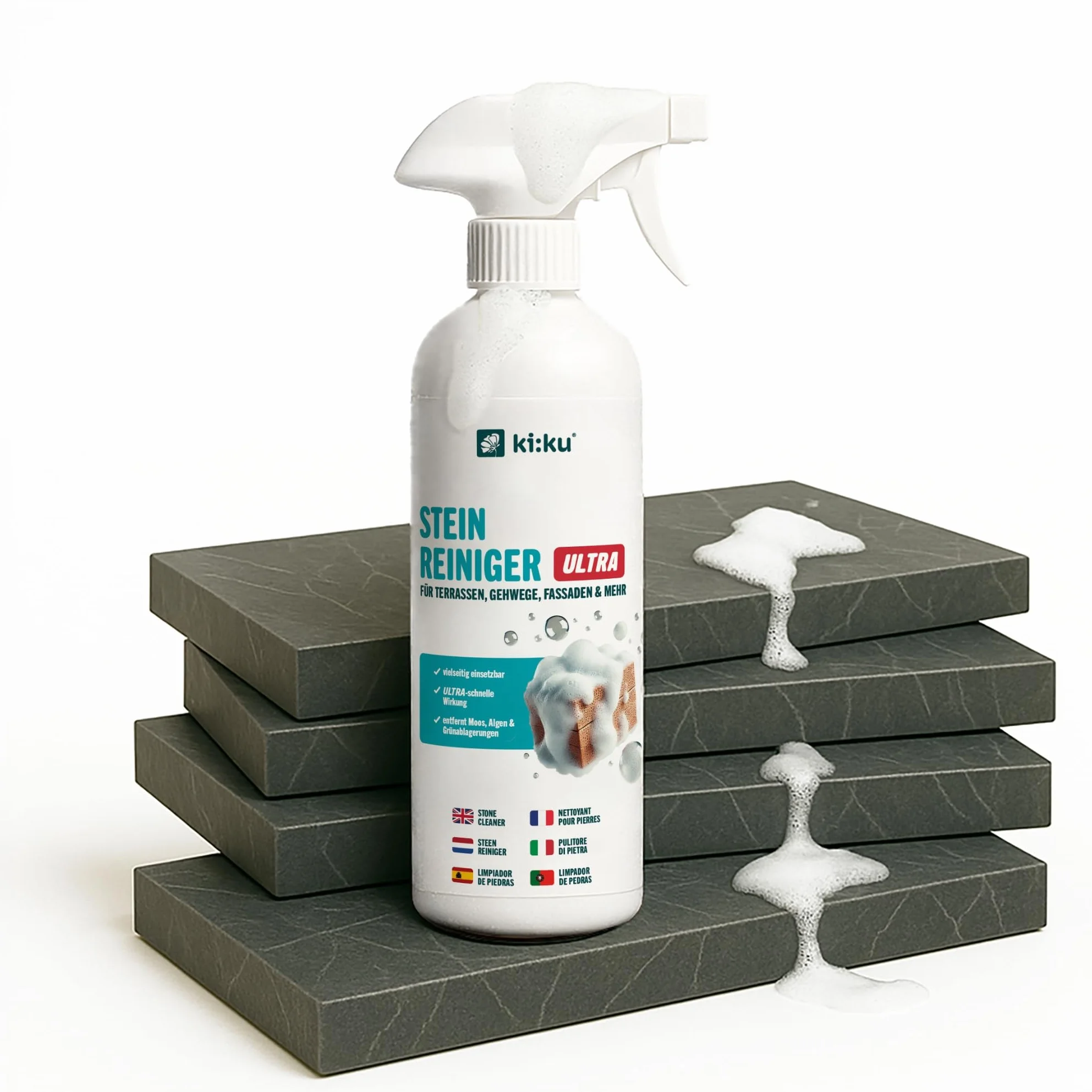 ki:ku® Ultra środek do czyszczenia kamienia | bezkwasowy środek do czyszczenia powierzchni zewnętrznych, przeciwko olejowi, sadzie, mchowi i brudowi, na taras, chodnik, fasadę, mocny i przyjazny dla