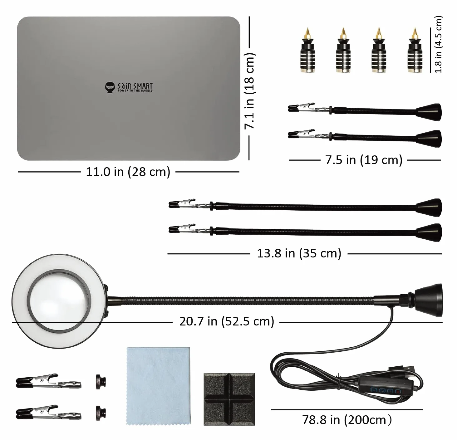 SainSmart Magnetyczna stacja lutownicza z powiększoną podstawą o wymiarach 38 x 18 cm, 5 x lampa powiększająca LED, 4 uchwyty na płytkę drukowaną i 4 elastyczne magnetyczne wskazówki pomocnicze