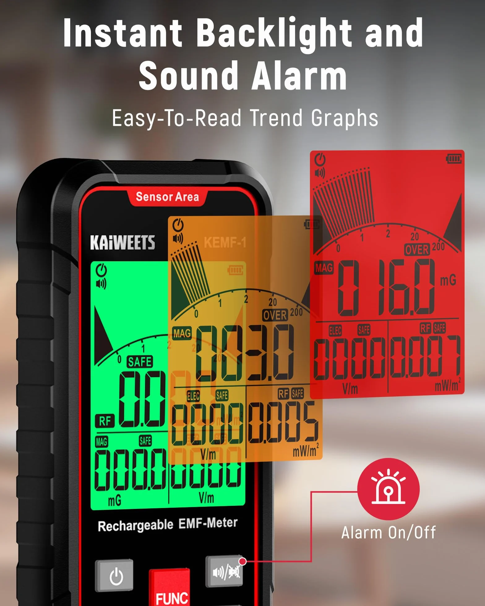 KAIWEETS miernik EMF z wyświetlaczem LED, EF/MF/RF, USB-C, przenośny