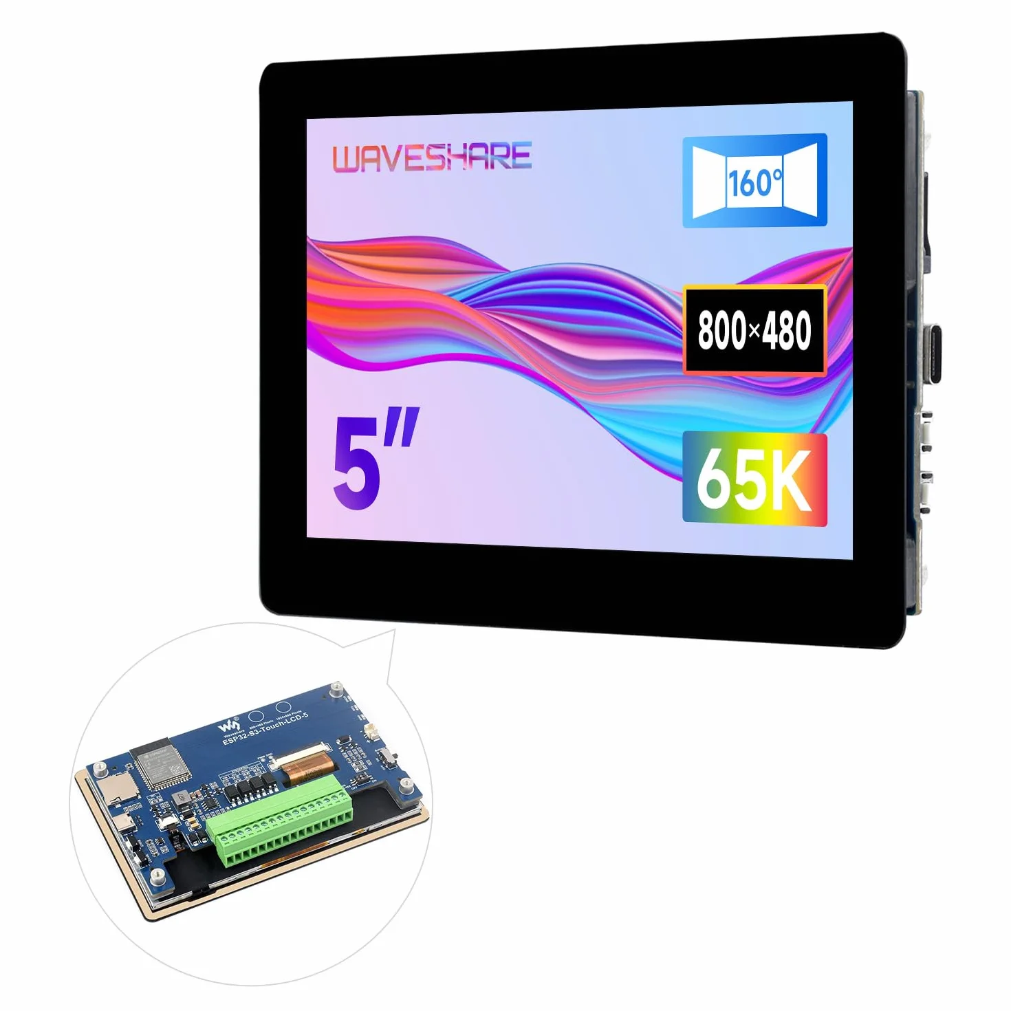 Waveshare ESP32-S3 5inch Capacitive 5Point Touch Display Development Board, 32Bit LX7 2-Core Processor 240MHz Support WiFi Onboard Antenna 800x480 160° Suitable for ESPHome/Home Assistant Project