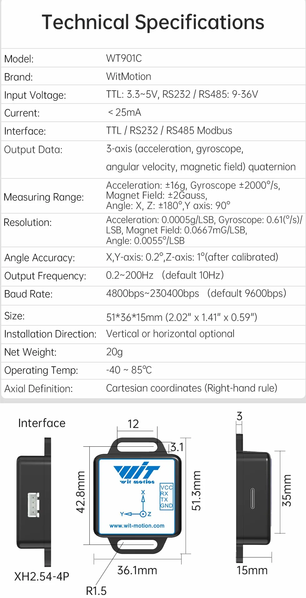 [Rejestrator akcelerometru IMU] WT901C-232 9-osiowy bezprzewodowy czujnik nachylenia, 3-osiowe czujniki przyspieszenia + żyroskop + magnetometr+inklinometr, cyfrowy kompas USB RS232 MPU9250