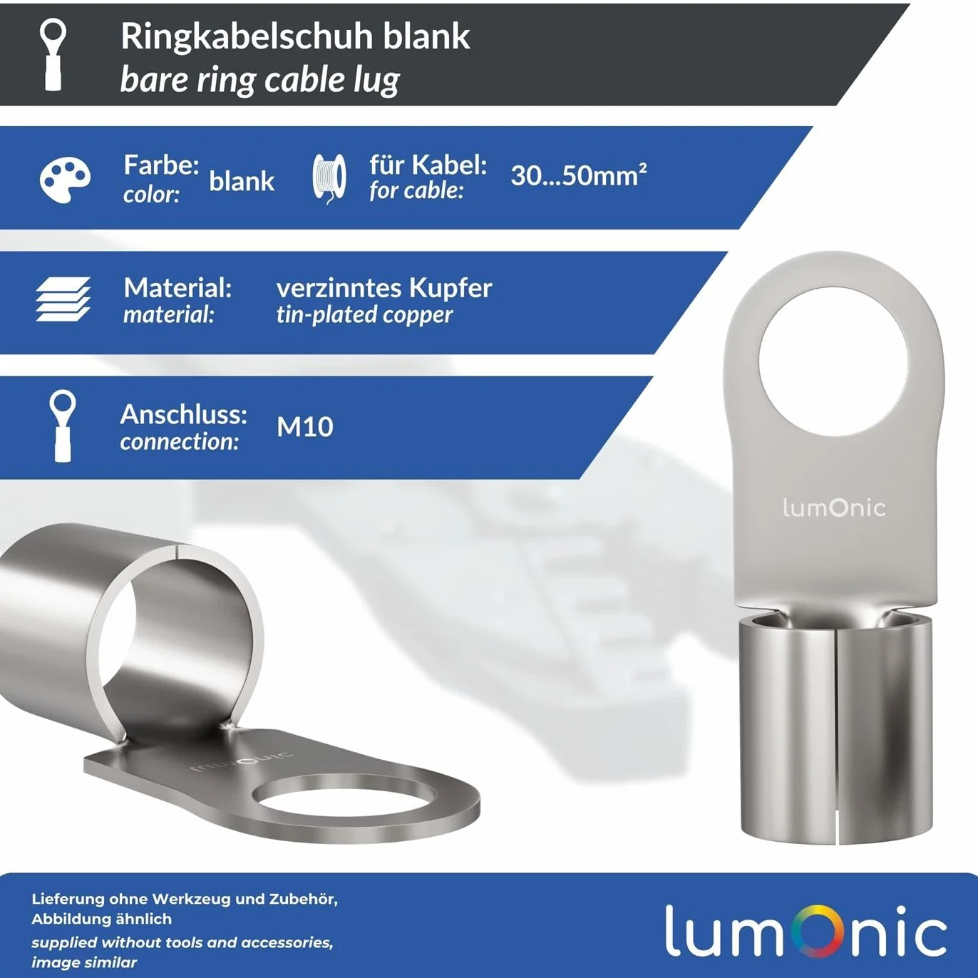 Lumonic 10x Pierscieniowa koncówka kablowa 30-50mm² pusty | M10 | Miedz cynowana | Bezpieczne polaczenie kablowe bez lutowania | Zaciskana koncówka kablowa bez izolacji | Pojazd silnikowy, inzynieria