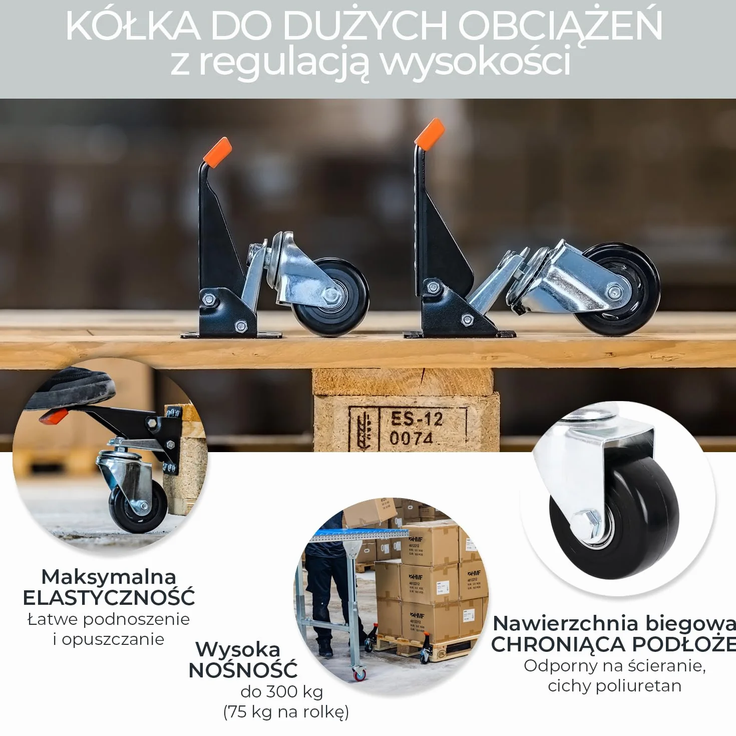 HMF 6750 kółka do dużych obciążeń opuszczane 76 mm 400 kg 4 sztuki czarne
