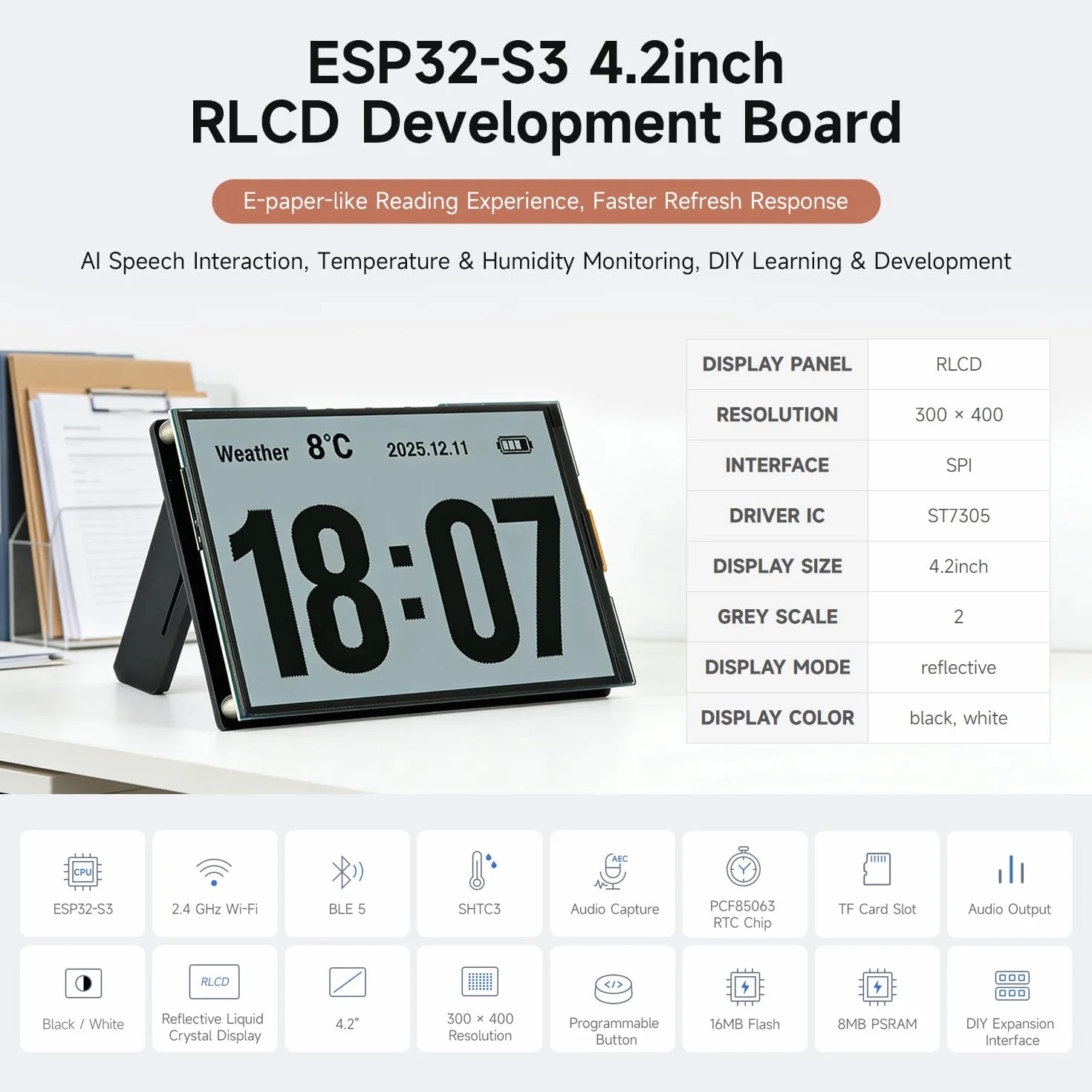 Waveshare ESP32-S3 4.2inch RLCD Development Board 300x400 Resolution Wi-Fi BLE AI Voice Interaction