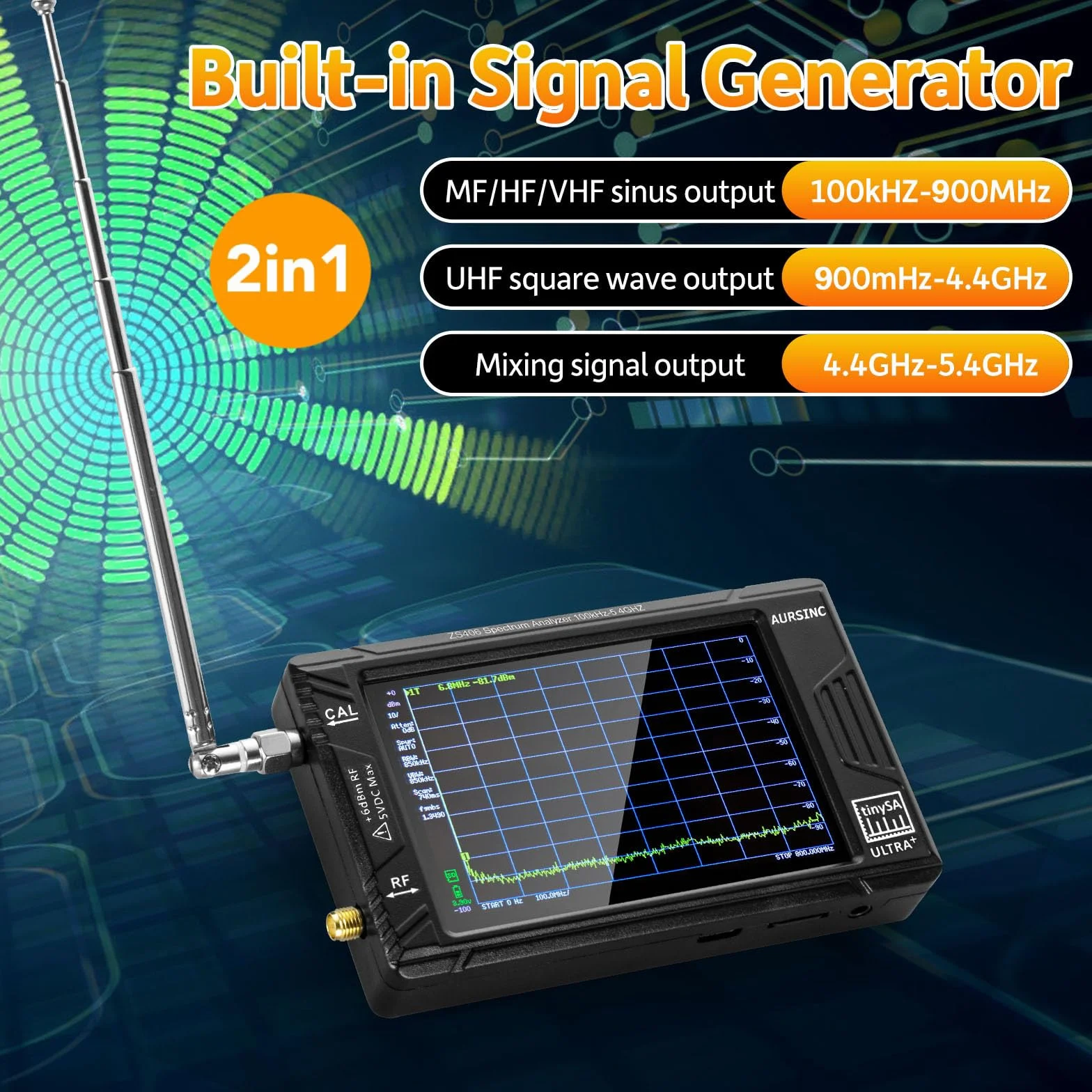 AURSINC TinySA Ultra+ ZS406 Analizator widma, 2025 Zaktualizowany HW V0.4.6 4.6 cala 100 kHz-5,4 GHz z kartą 32 Gb, generator sygnału 2 w 1 od 100 kHz do 900 MHz MF/HF/VHF/UHF Wejście