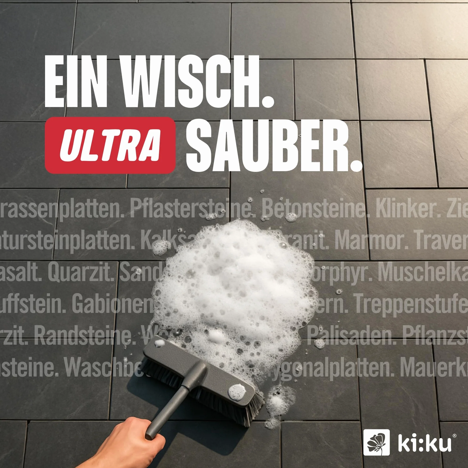 ki:ku® Ultra środek do czyszczenia kamienia | bezkwasowy środek do czyszczenia powierzchni zewnętrznych, przeciwko olejowi, sadzie, mchowi i brudowi, na taras, chodnik, fasadę, mocny i przyjazny dla